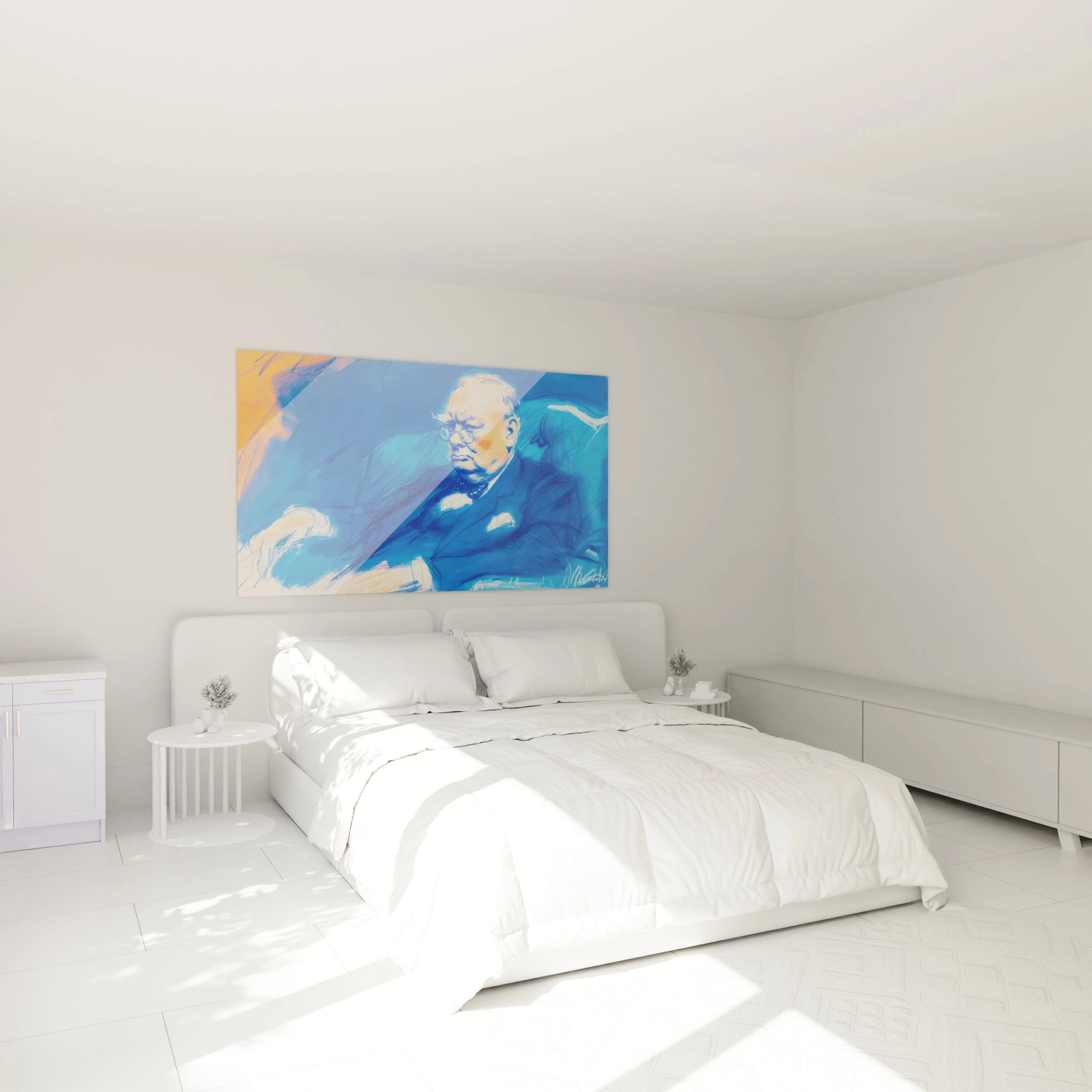 tableau Winston Churchill bleu Walensky affiche au dessus d un lit dans une chambre minimaliste art mural