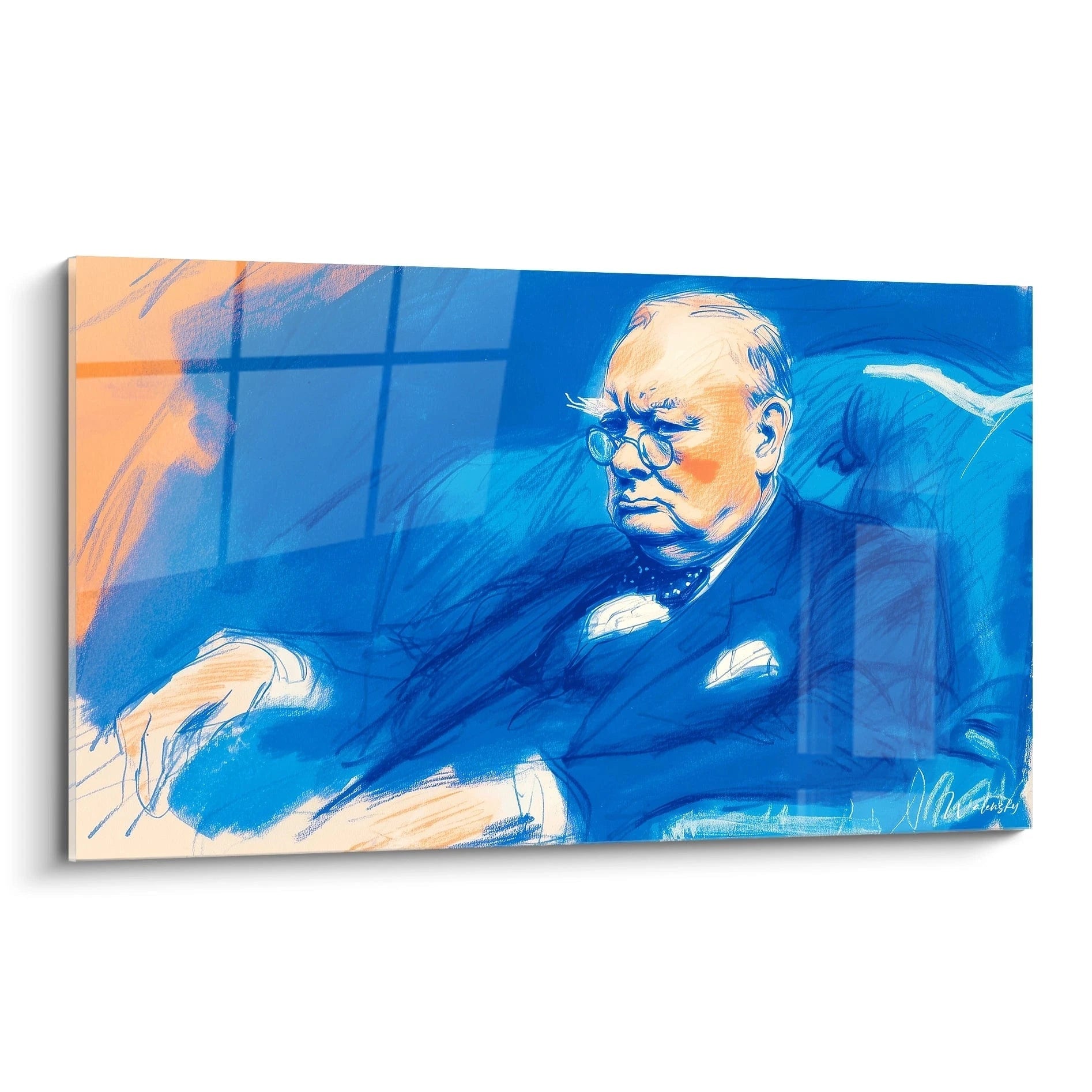 tableau Winston Churchill bleu Walensky portrait stylise de Churchill assis en bleu et orange sur toile murale