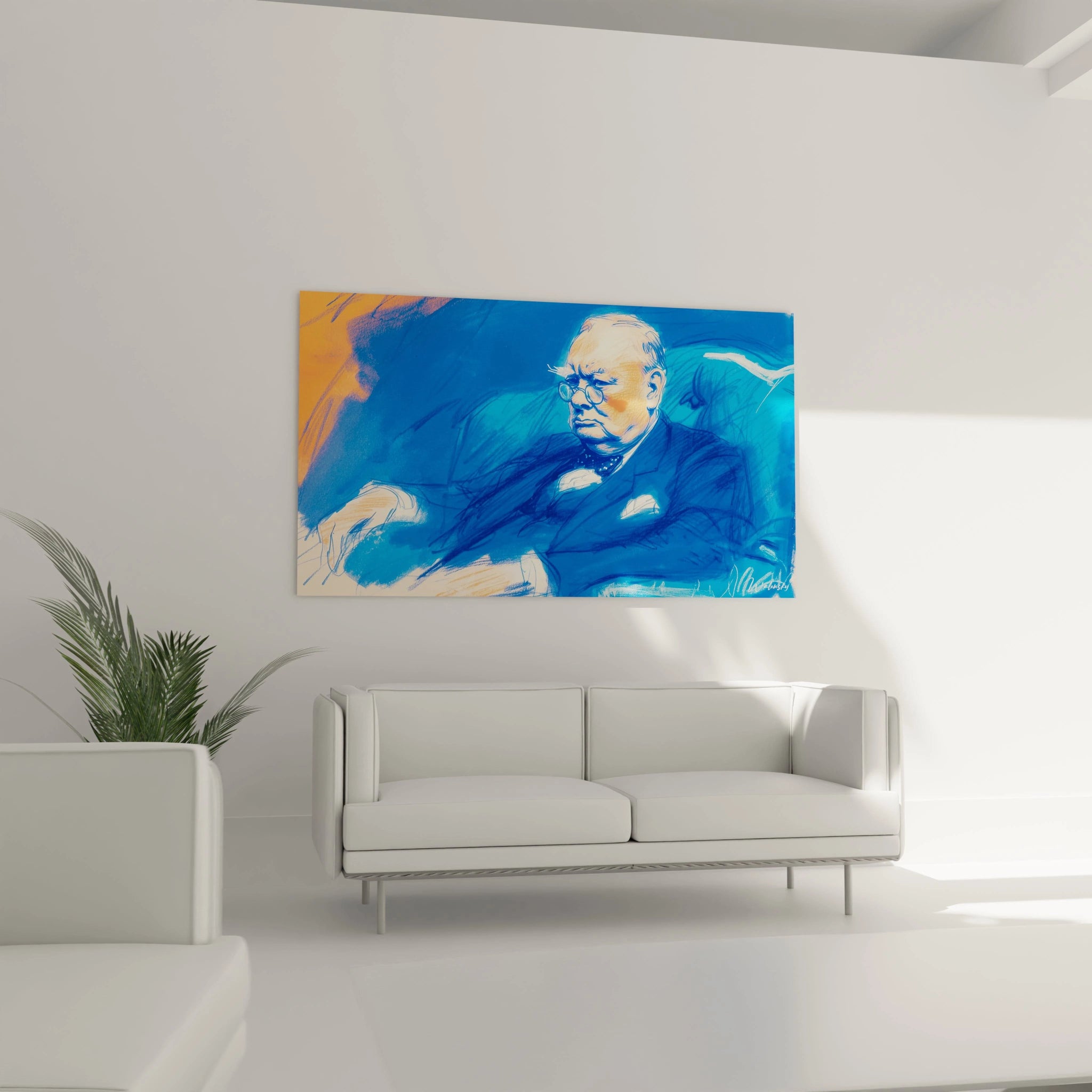 tableau Winston Churchill bleu par Walensky accroché au dessus d un canapé blanc dans un salon moderne