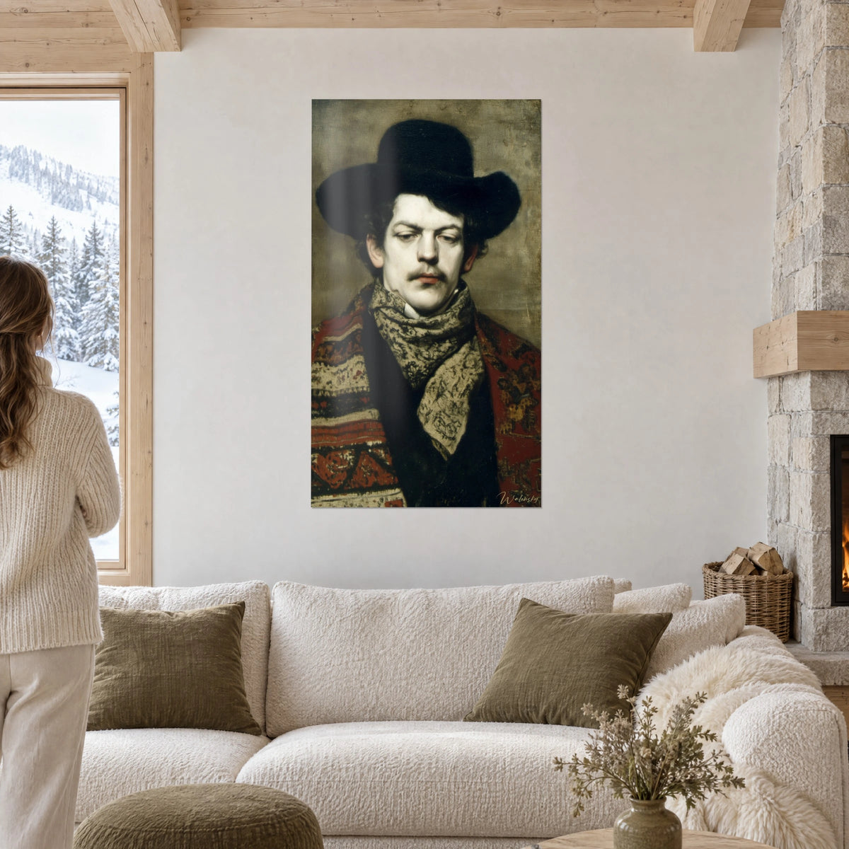 Obraz romantyczny portret dandysa z czarnym kapeluszem i haftowanym czerwonym szalem, nad sofą w jasnym salonie