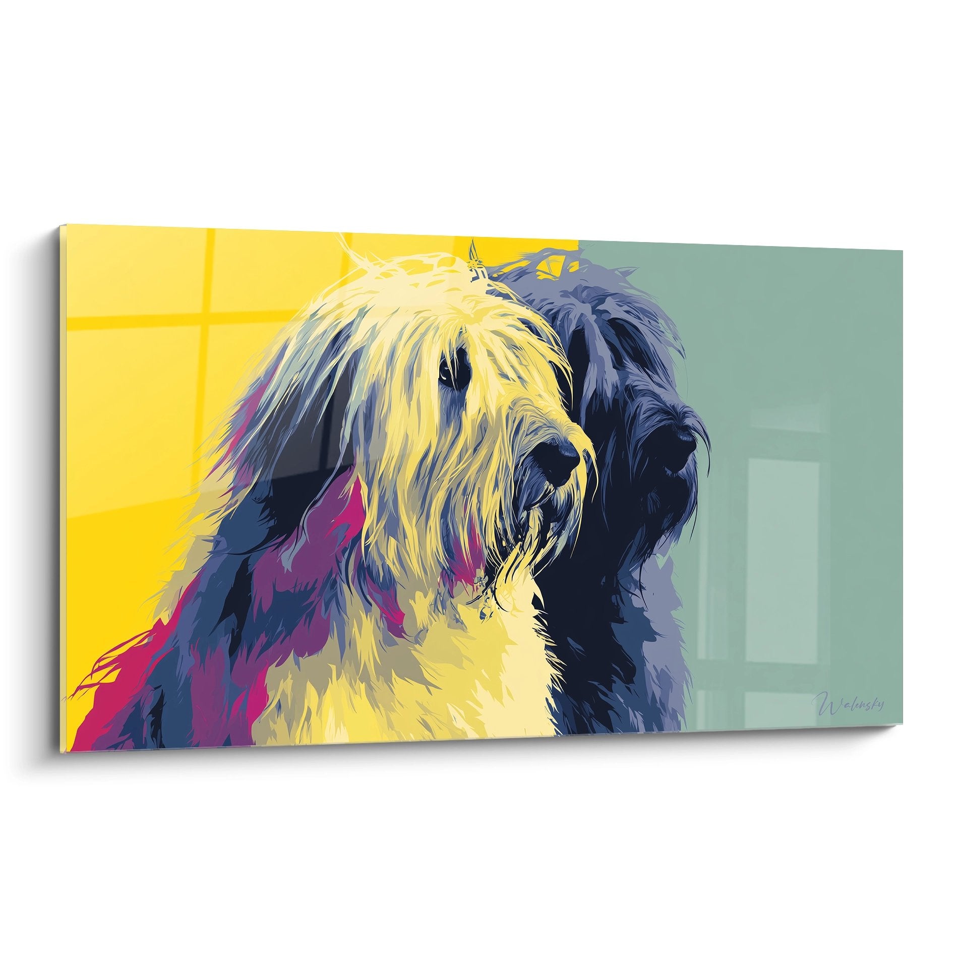 Tableau portrait artistique de Briard aux couleurs vives jaune violet sur fond moderne