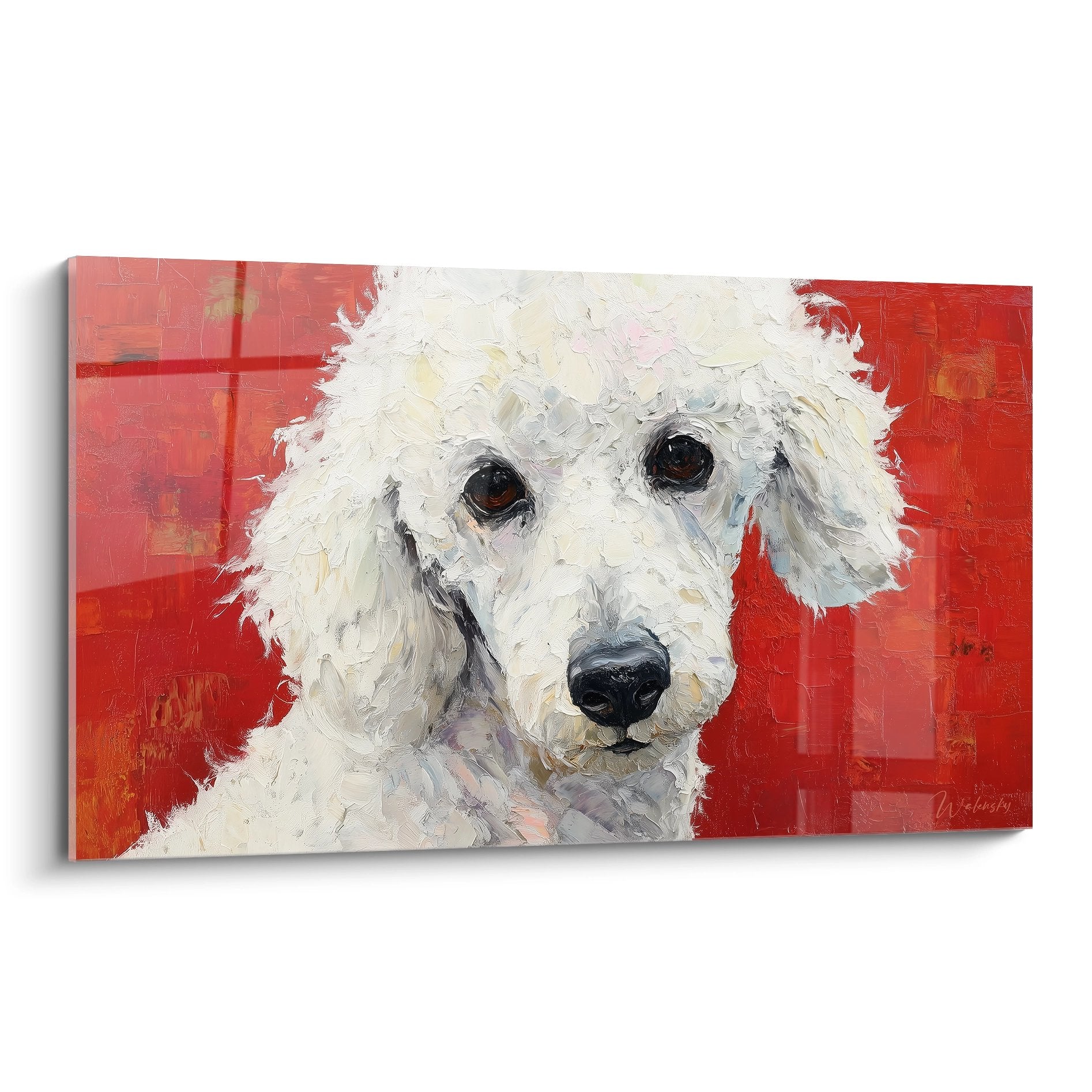 Portrait artistique caniche blanc pelage boucle fond rouge vibrant yeux tendres peinture moderne