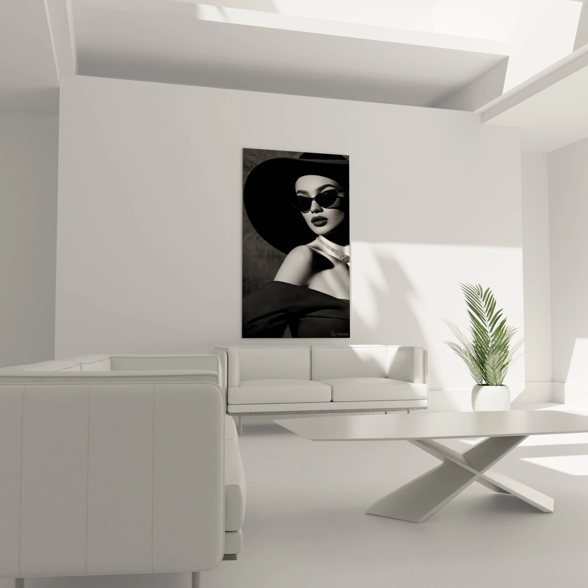 Tableau portrait chic noir et blanc affichant une femme élégante dans un intérieur moderne