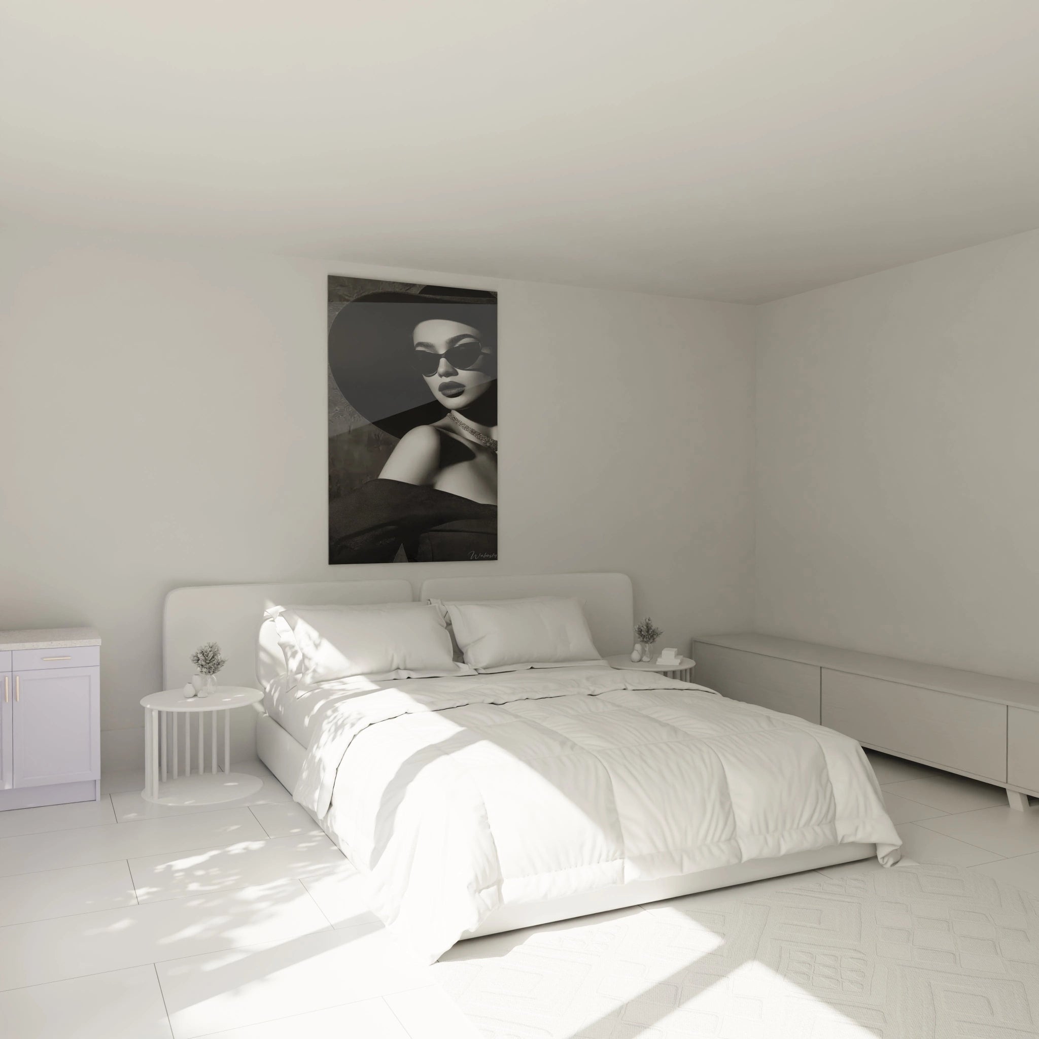 Tableau portrait chic noir et blanc de femme dans une chambre moderne et minimaliste