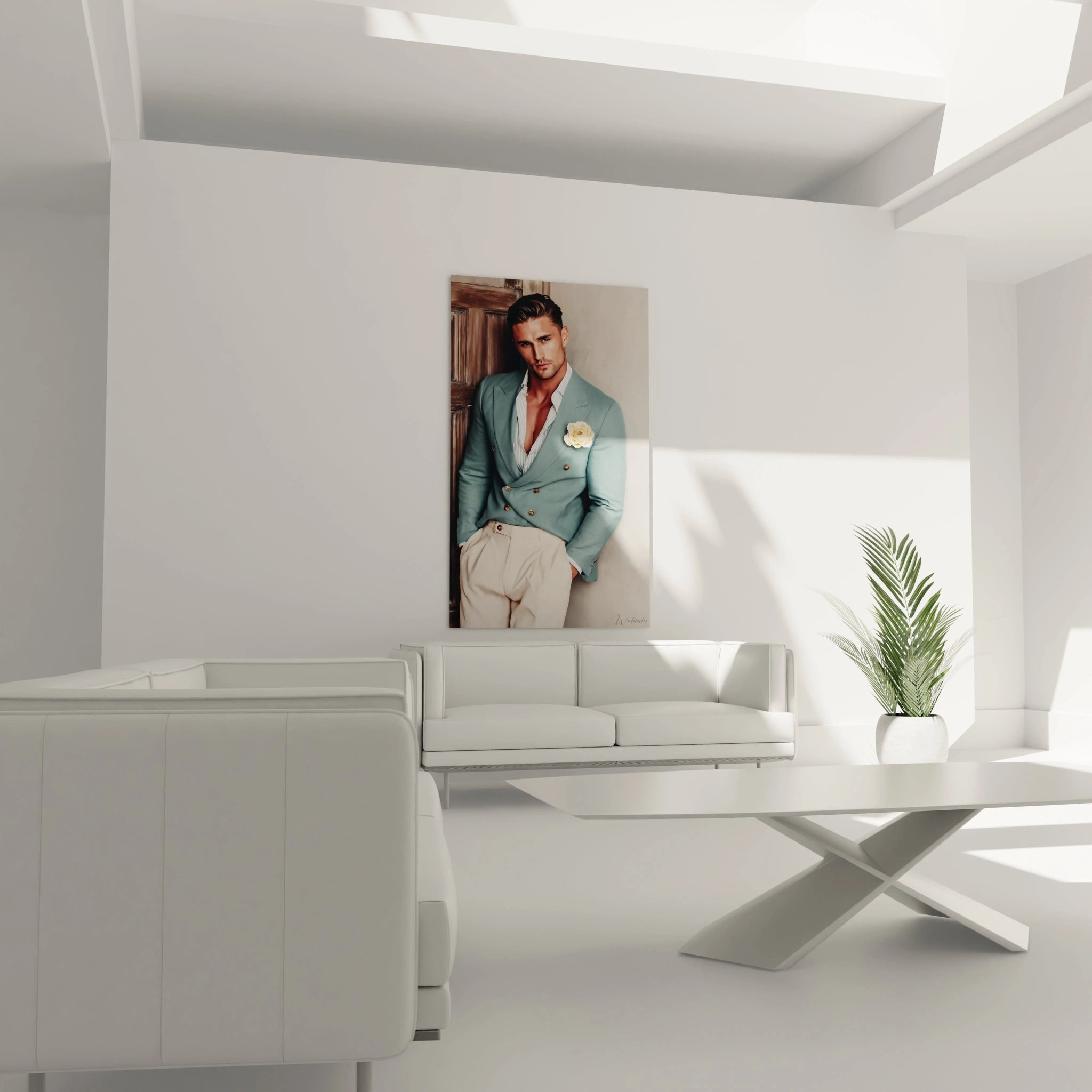 Tableau portrait homme chic de Walensky affiché dans un salon moderne avec mobilier minimaliste