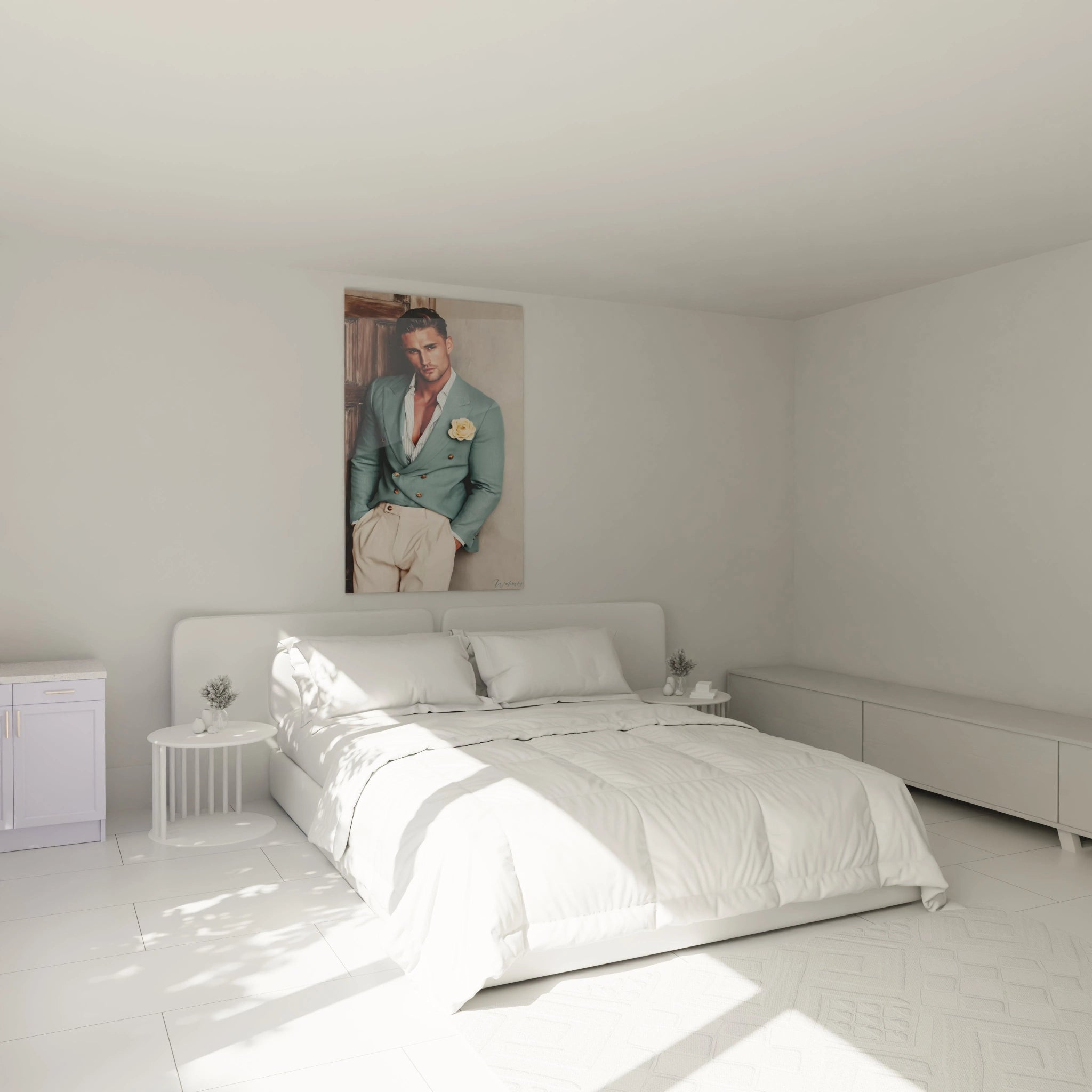 Tableau portrait homme chic de Walensky dans une chambre moderne avec un lit blanc