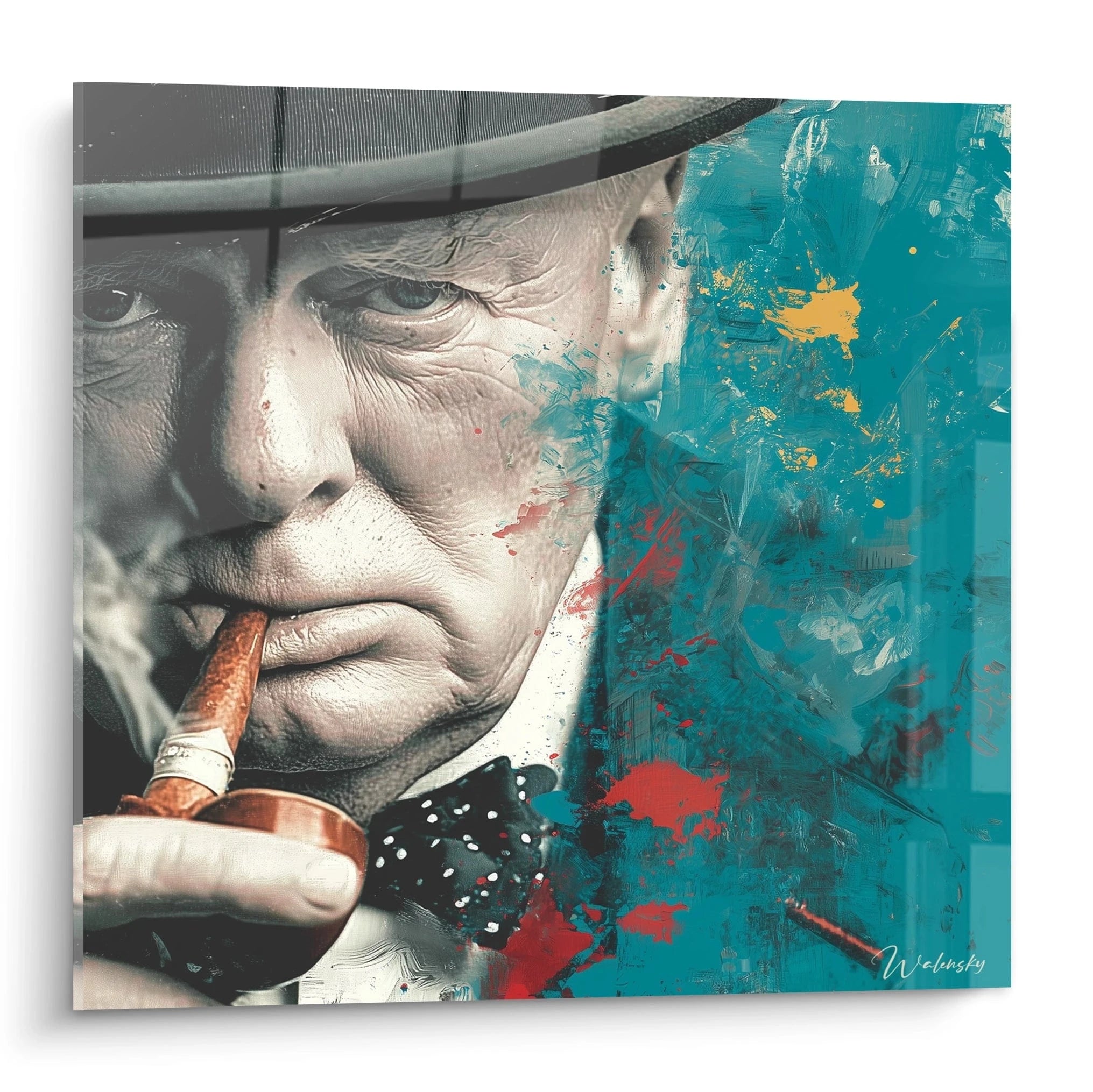 tableau Winston Churchill cigare Walensky tableau mural portrait vintage fumant la pipe couleurs turquoise et ocre