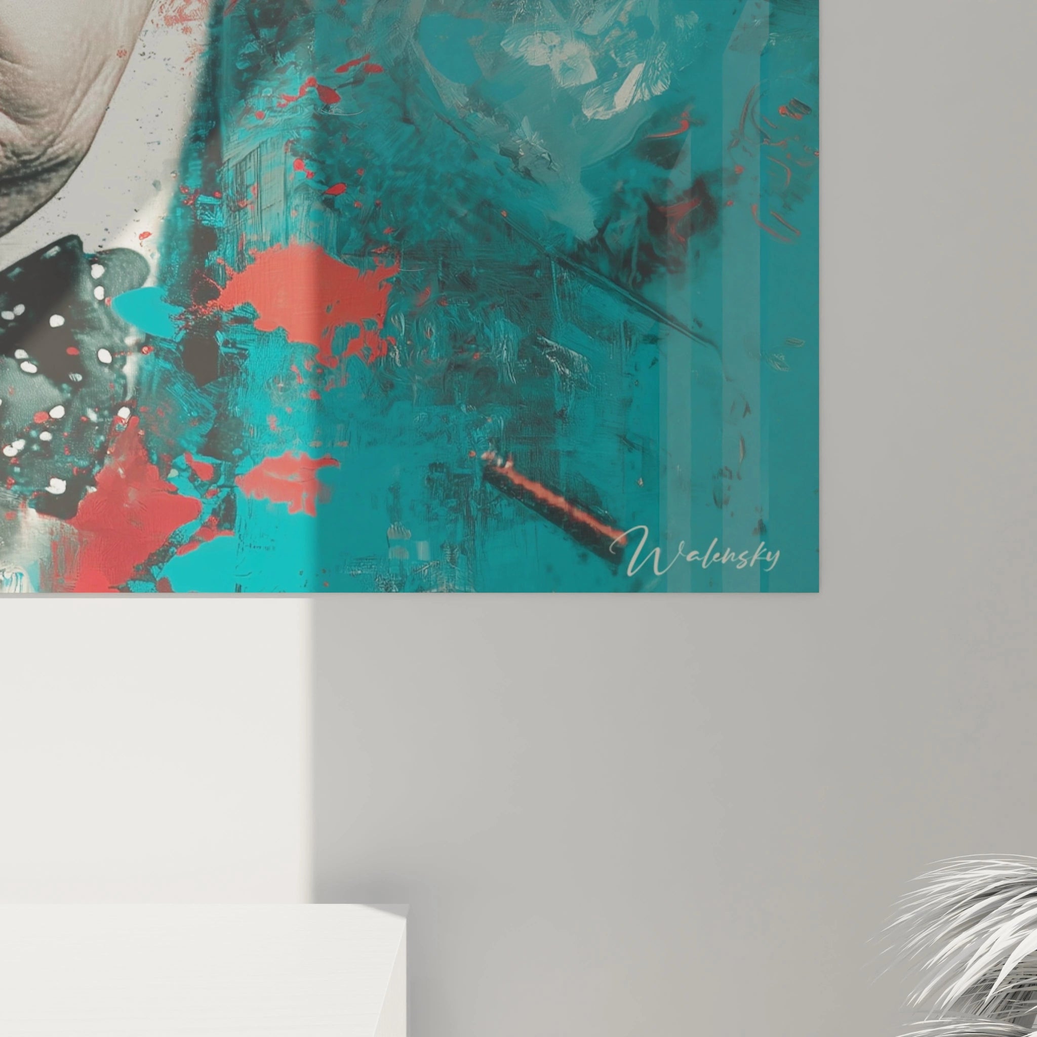 tableau Winston Churchill cigare moderne Walensky portrait artistique abstrait turquoise et corail signe