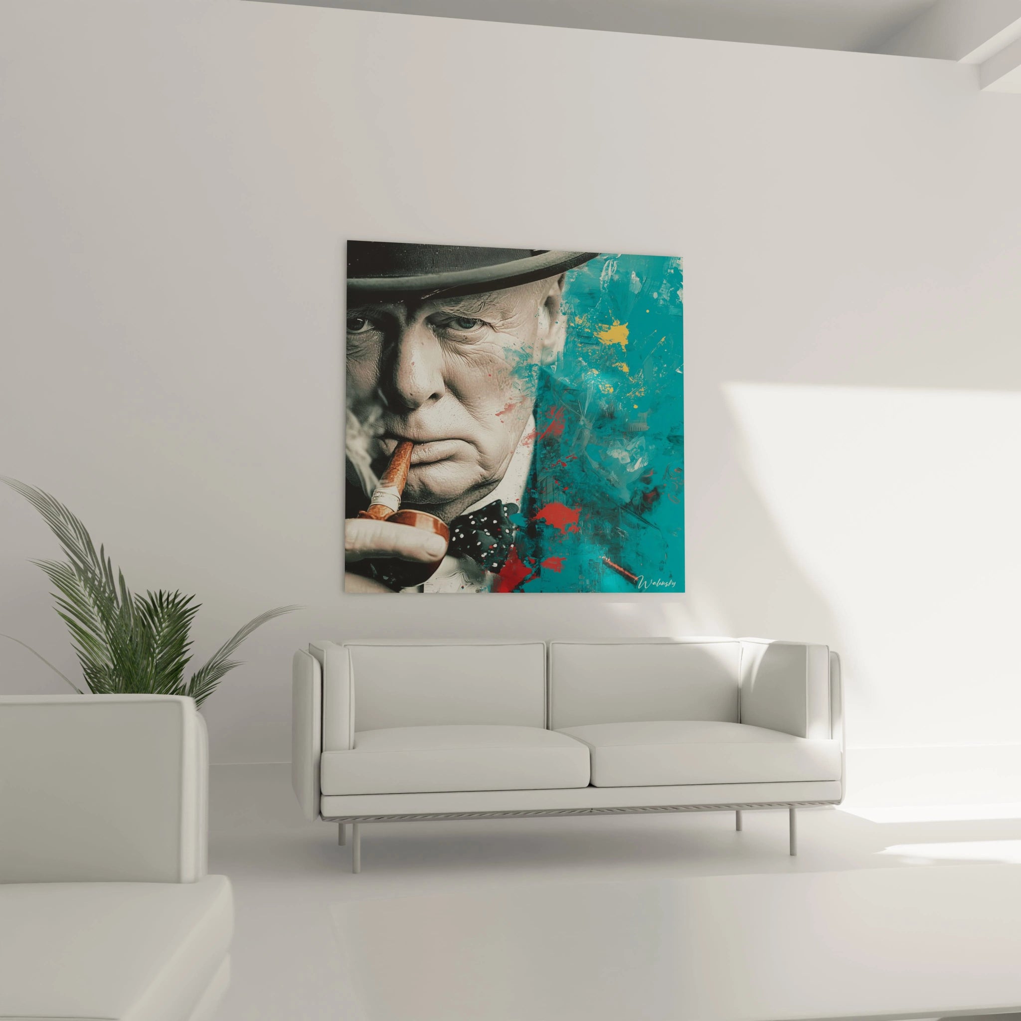 Tableau Walensky portrait stylise de Winston Churchill fumant un cigare tableau Winston Churchill cigare fond turquoise et noir