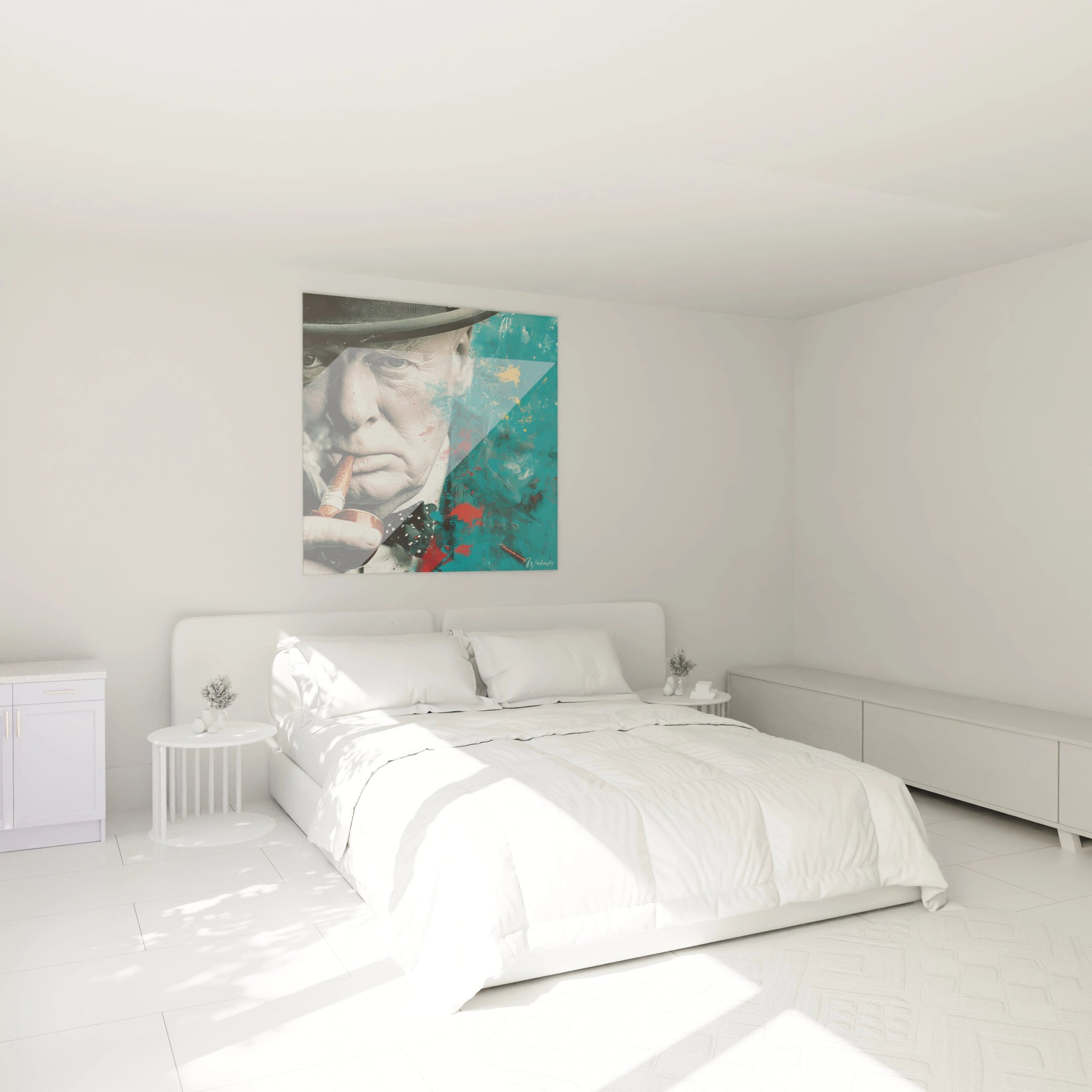 tableau Winston Churchill cigare mural Walensky portrait artistique au dessus du lit dans une chambre moderne