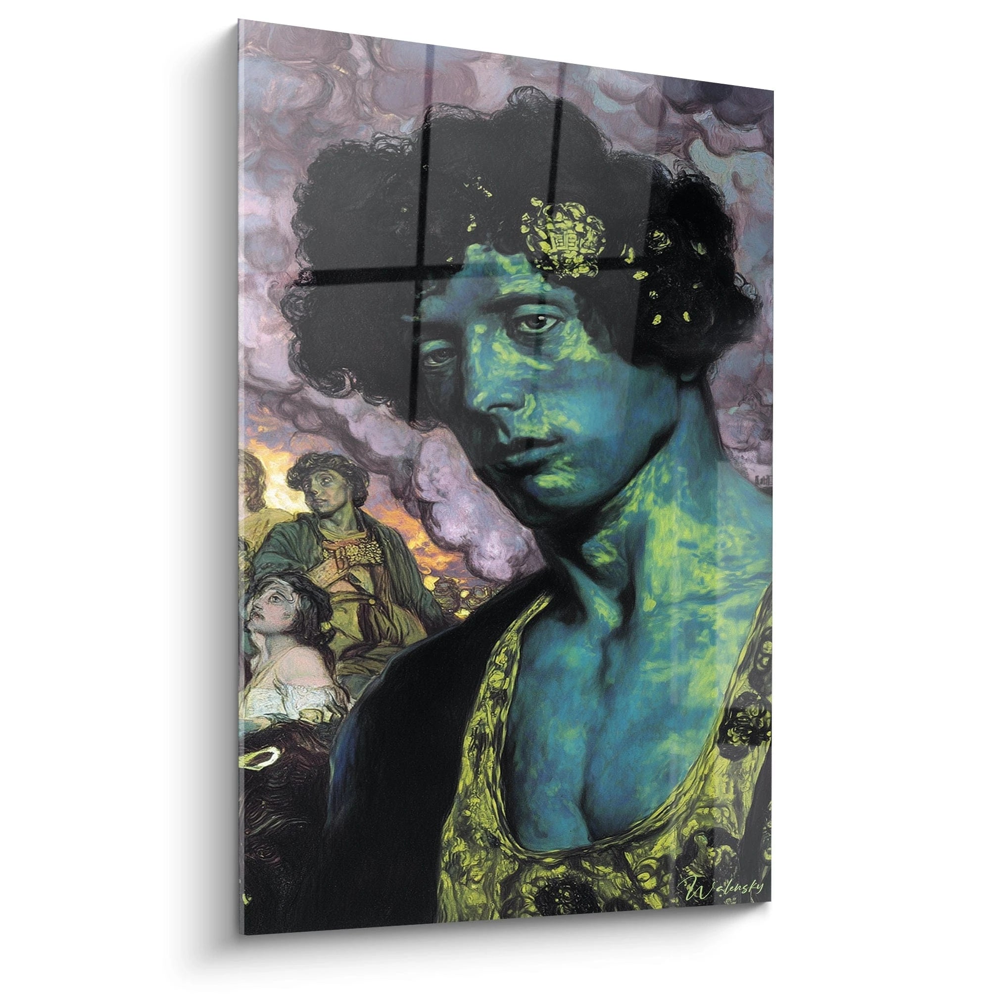 Tableau mural Walensky tableau préraphaélite moderne portrait de femme bleu vert avec figures et nuages en arrière plan