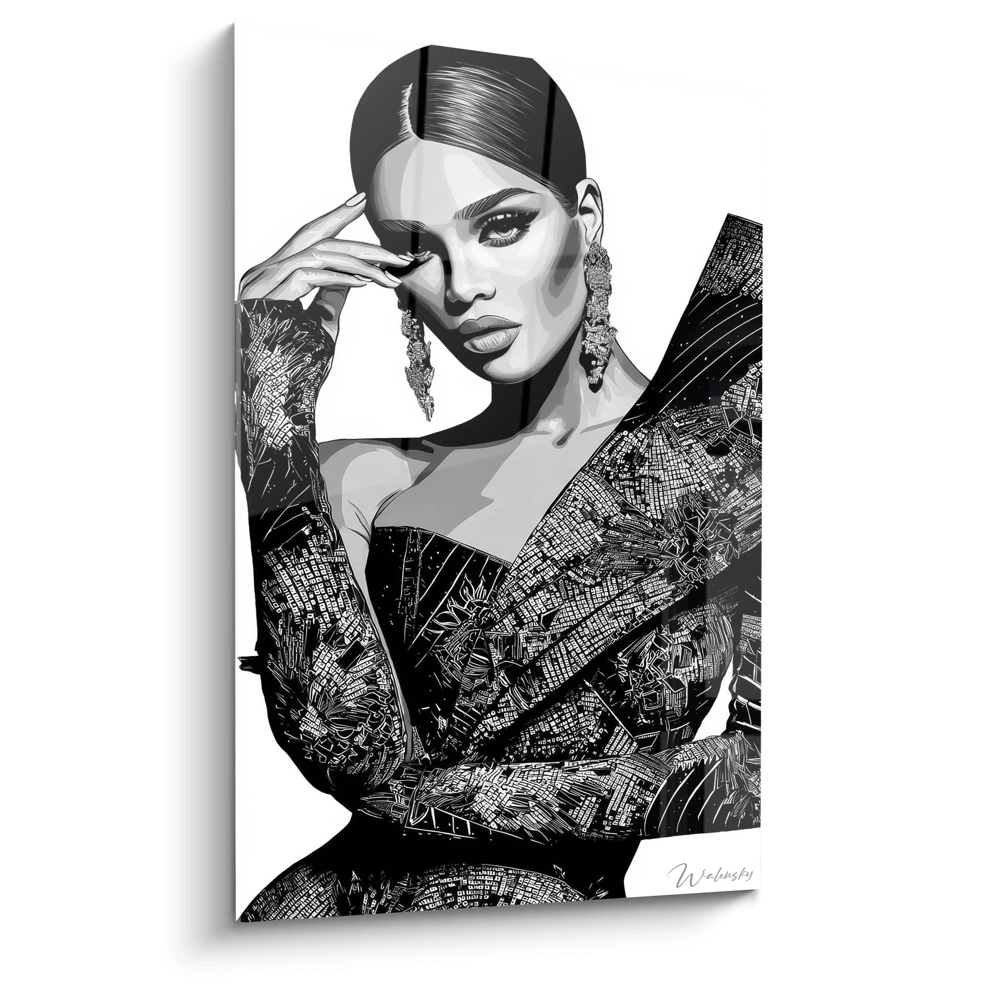 Tableau mural portrait glamour monochrome de femme élégante avec des détails artistiques en noir et blanc