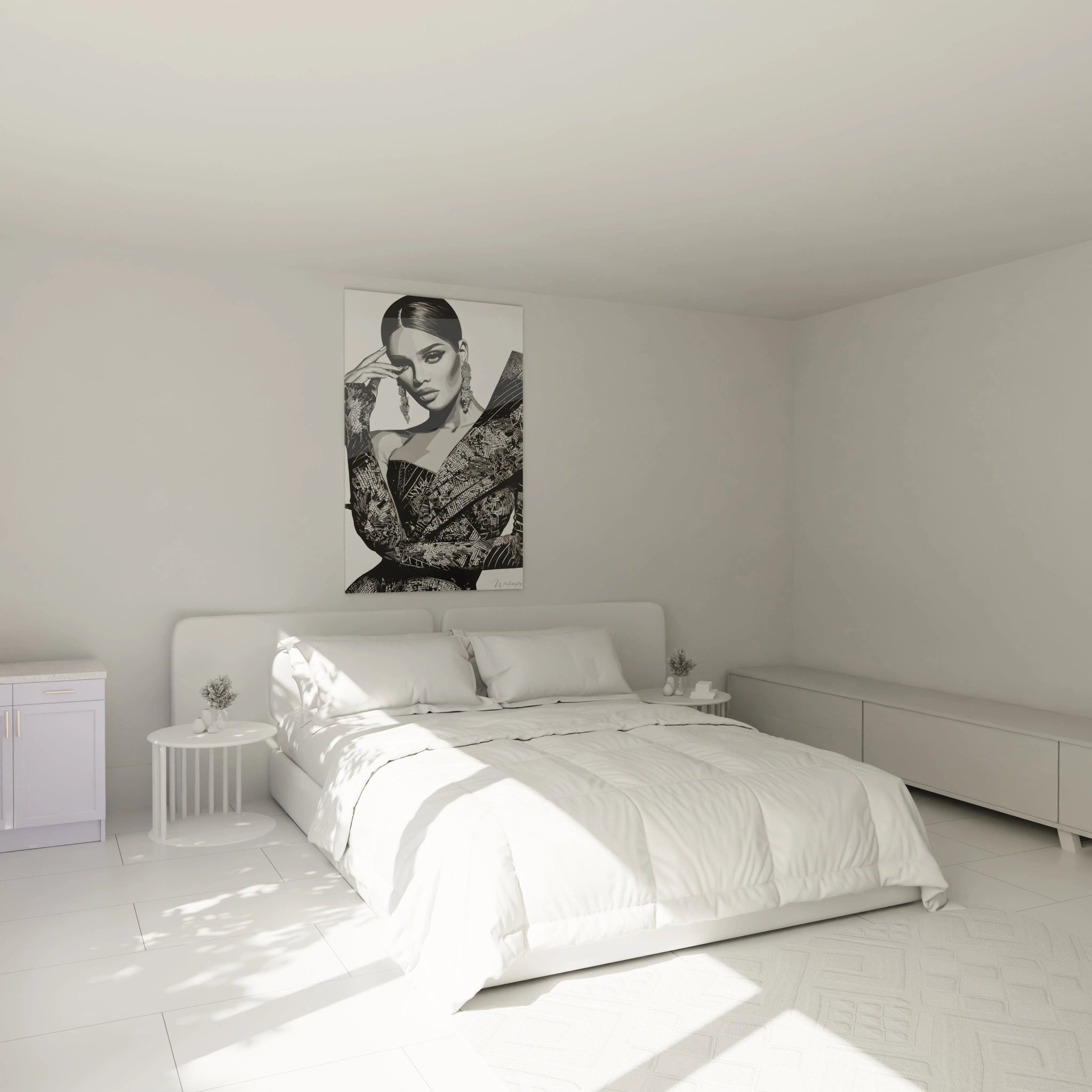 Tableau mural portrait glamour monochrome affiché dans une chambre moderne avec un décor élégant