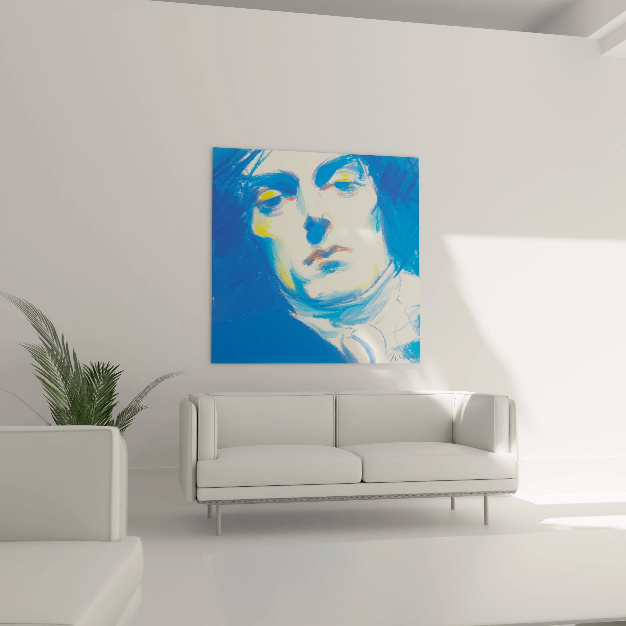 Tableau mural Walensky portrait bleu moderne accroche au dessus d un canapé tableau cristal introspectif Louis XIV