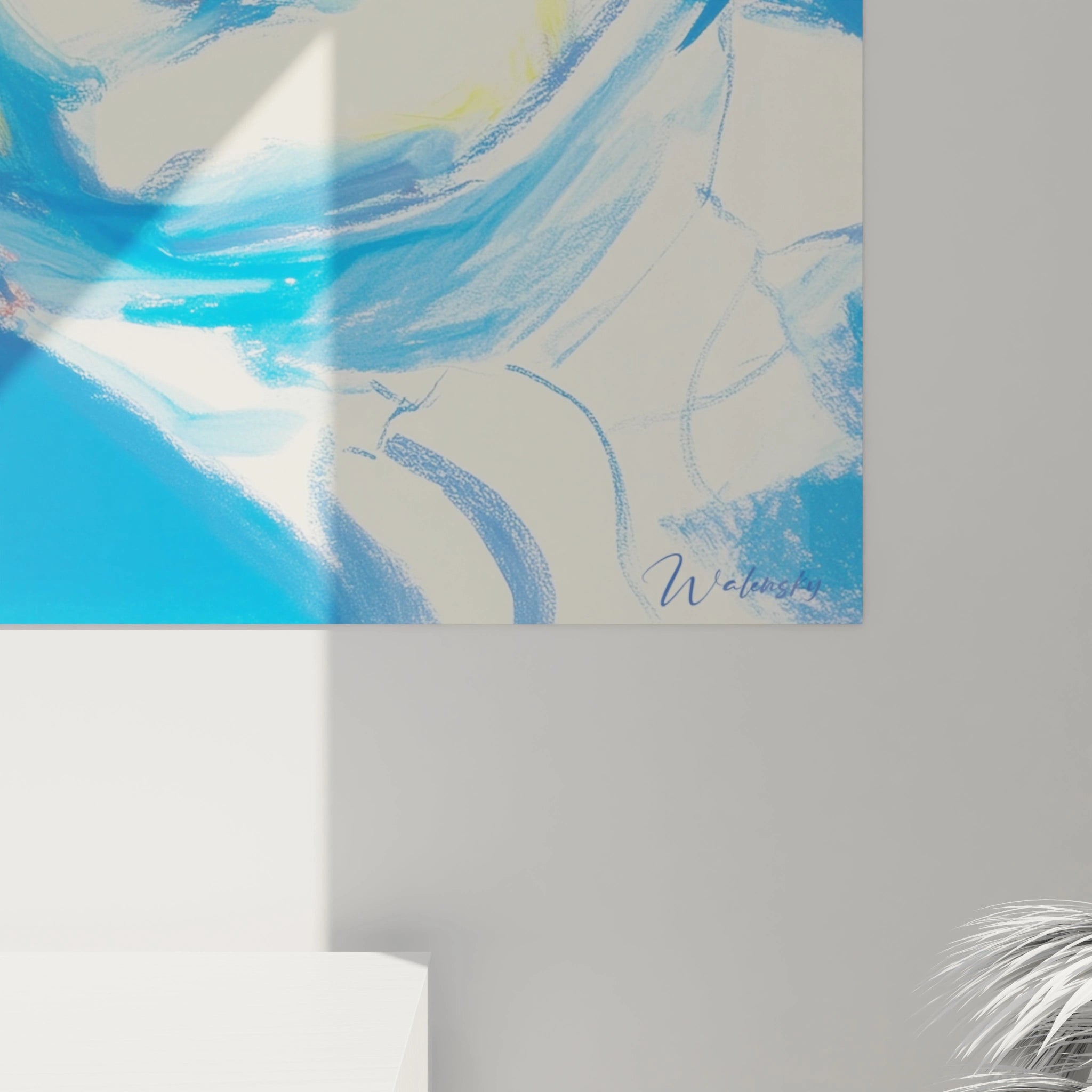 Tableau mural Walensky abstrait bleu et blanc sur toile éclairé par la fenêtre tableau cristal introspectif Louis XIV