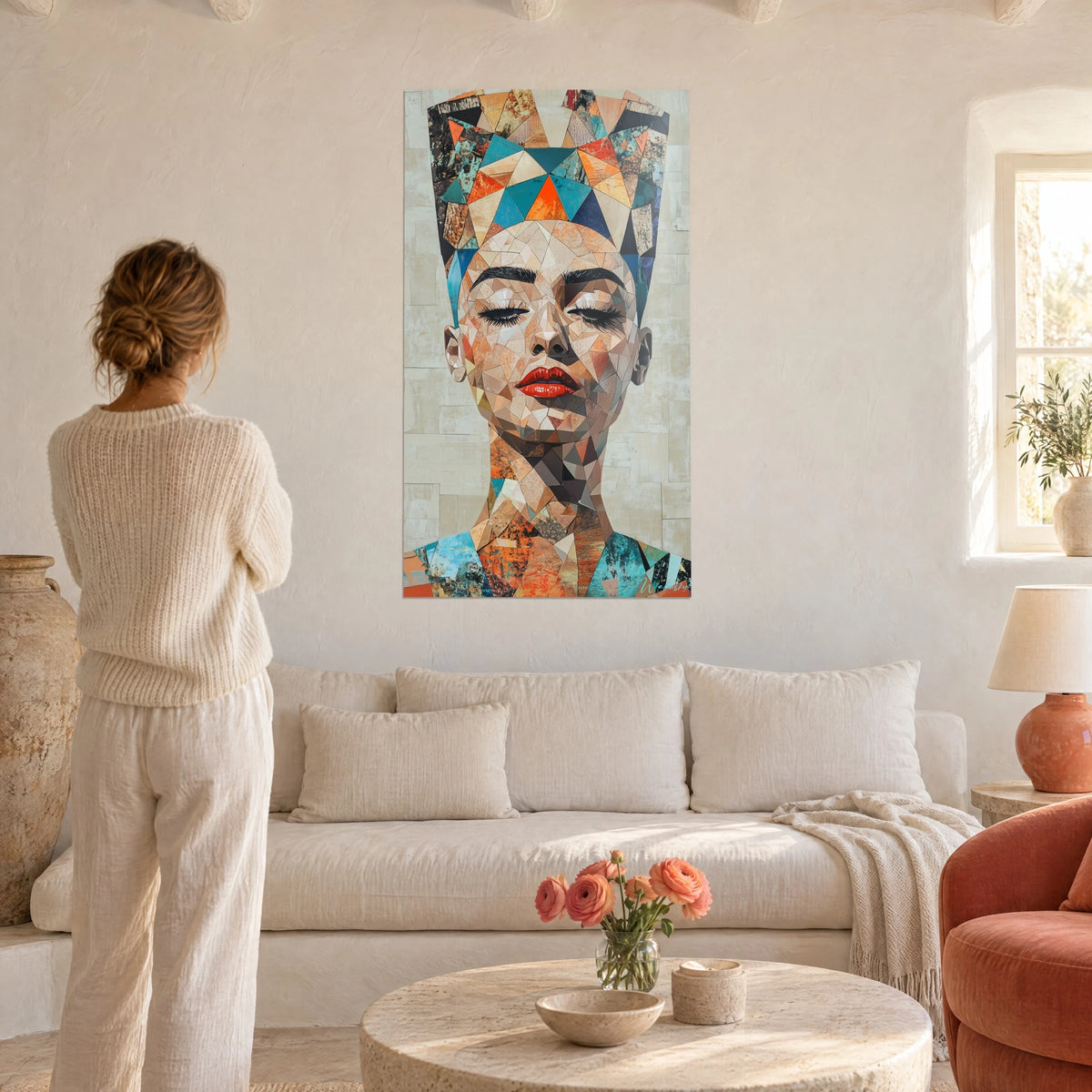 Gemälde Ägyptische Königin aus türkisfarbenen und orangefarbenen Dreiecksmosaiken, rote Lippen, Frau von hinten, über einem Sofa in einem hellen Wohnzimmer