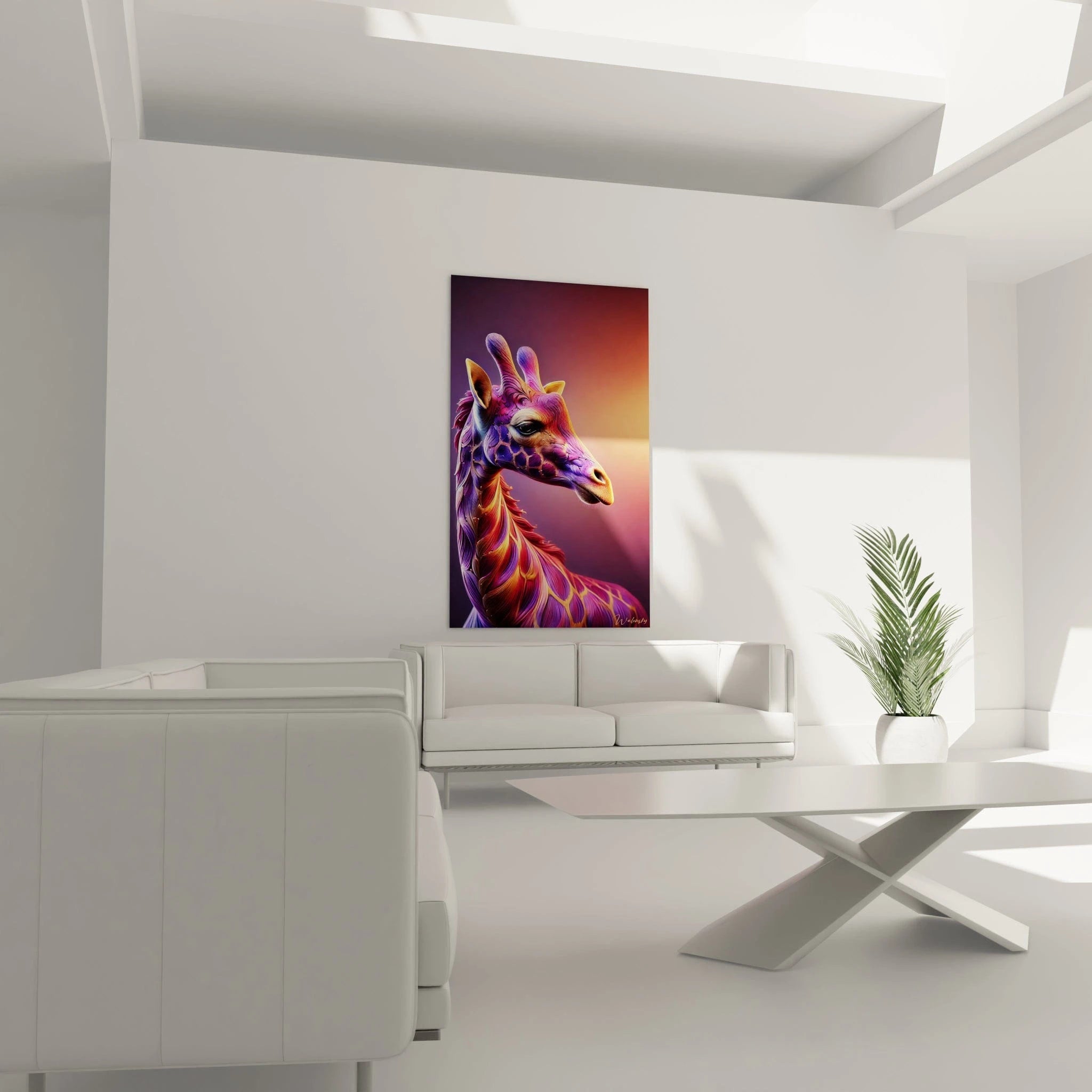 Tableau girafe suspendu dans un salon moderne au-dessus d'un canapé pièce maîtresse colorée fusionnant réalité et imaginaire dans des tons vibrants violet or rose et orange.