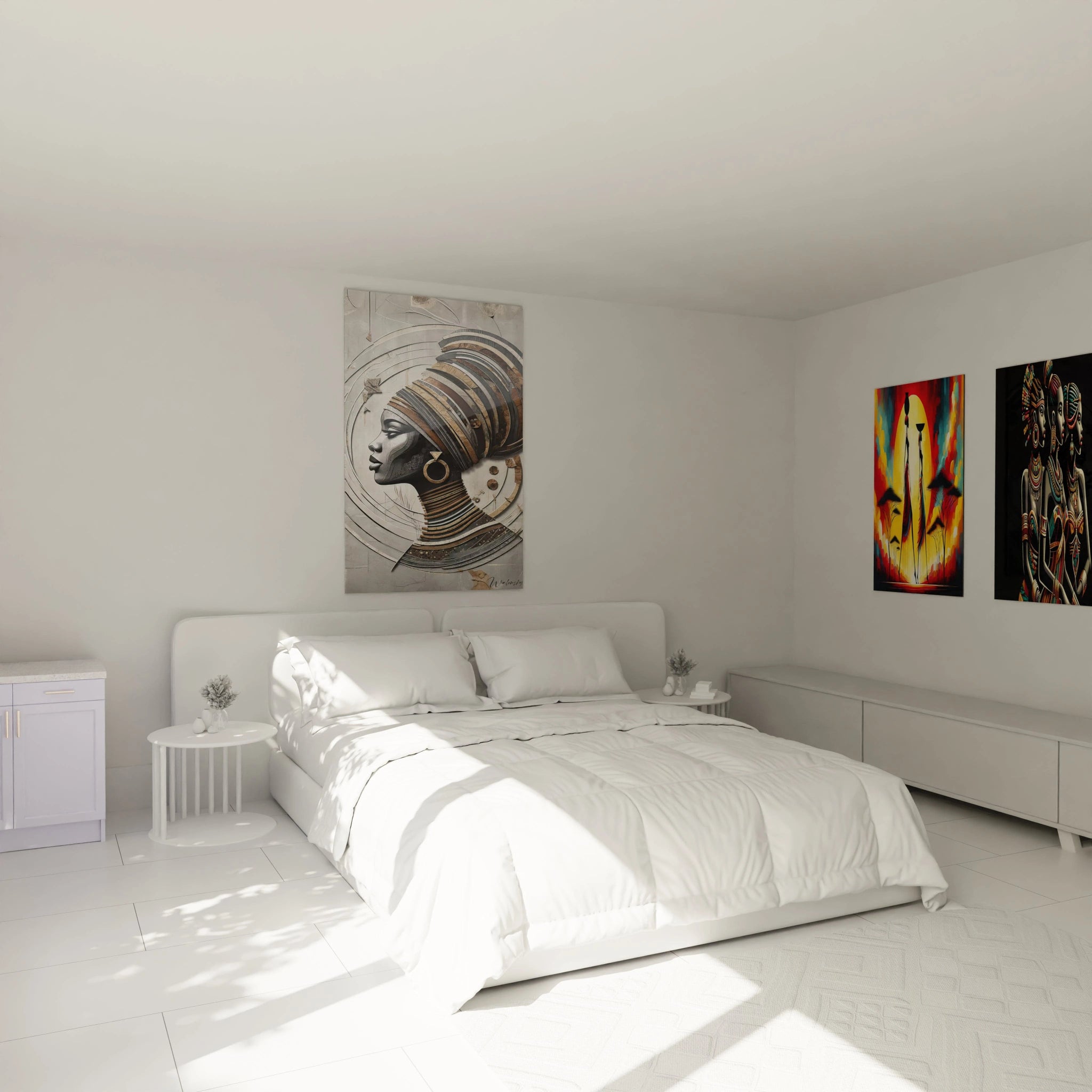 Tableau africain accroché au-dessus du lit dans une chambre apaisante, avec des motifs délicats et une palette neutre qui évoquent sérénité et harmonie avec la nature.