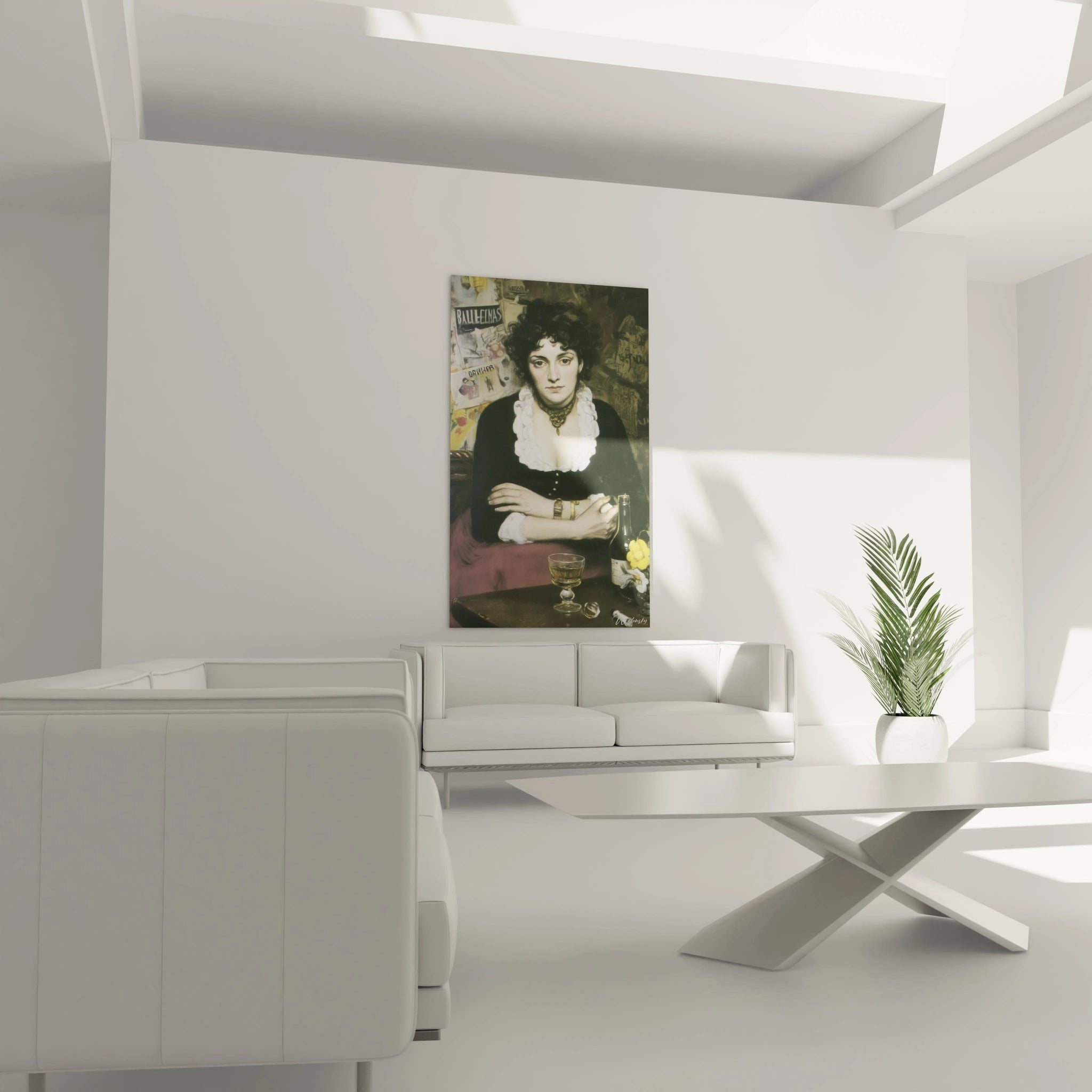 Walensky tableau portrait dentelle blanche accroché au dessus d un canapé dans un salon moderne et lumineux