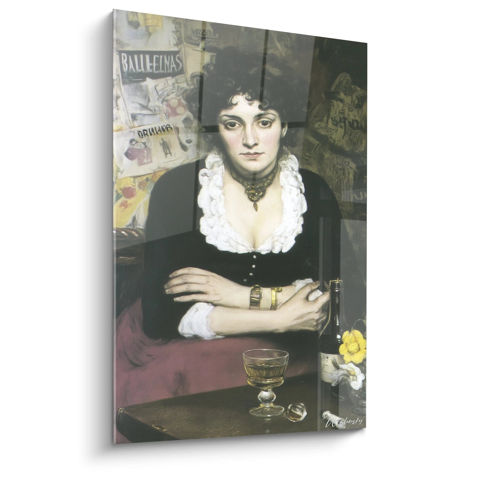 Walensky tableau portrait dentelle blanche d une femme assise en robe noire col en dentelle avec bouteille et verre sur table