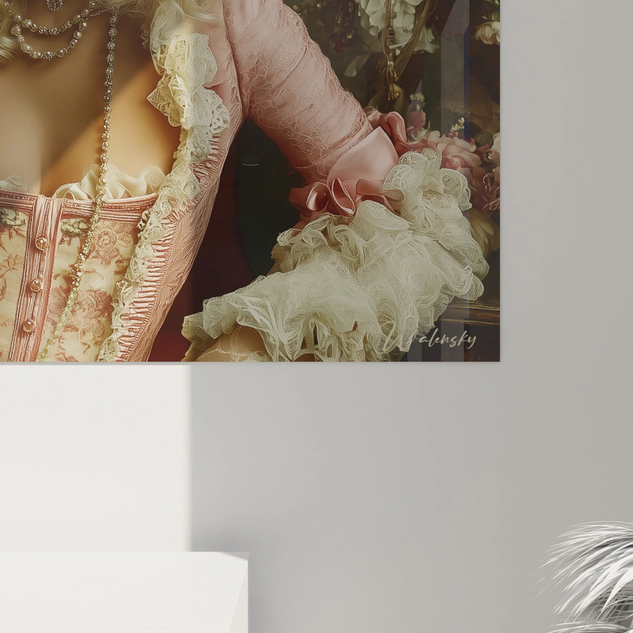 tableau Marie-Antoinette dentelle Walensky affiche une robe rose rococo avec perles et manches en dentelle