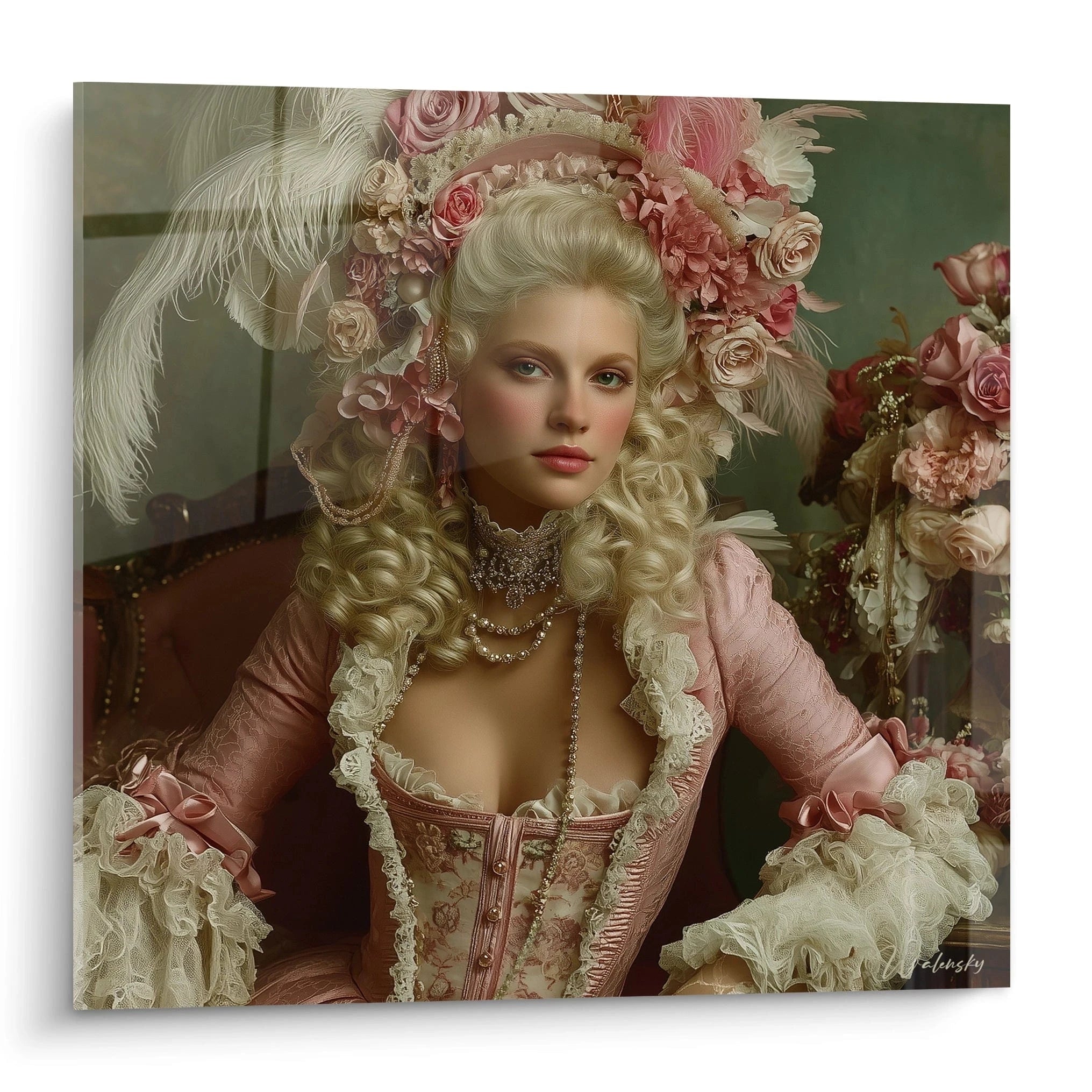 Tableau mural Walensky tableau Marie-Antoinette dentelle portrait d une aristocrate en robe rose avec perles plumes et roses