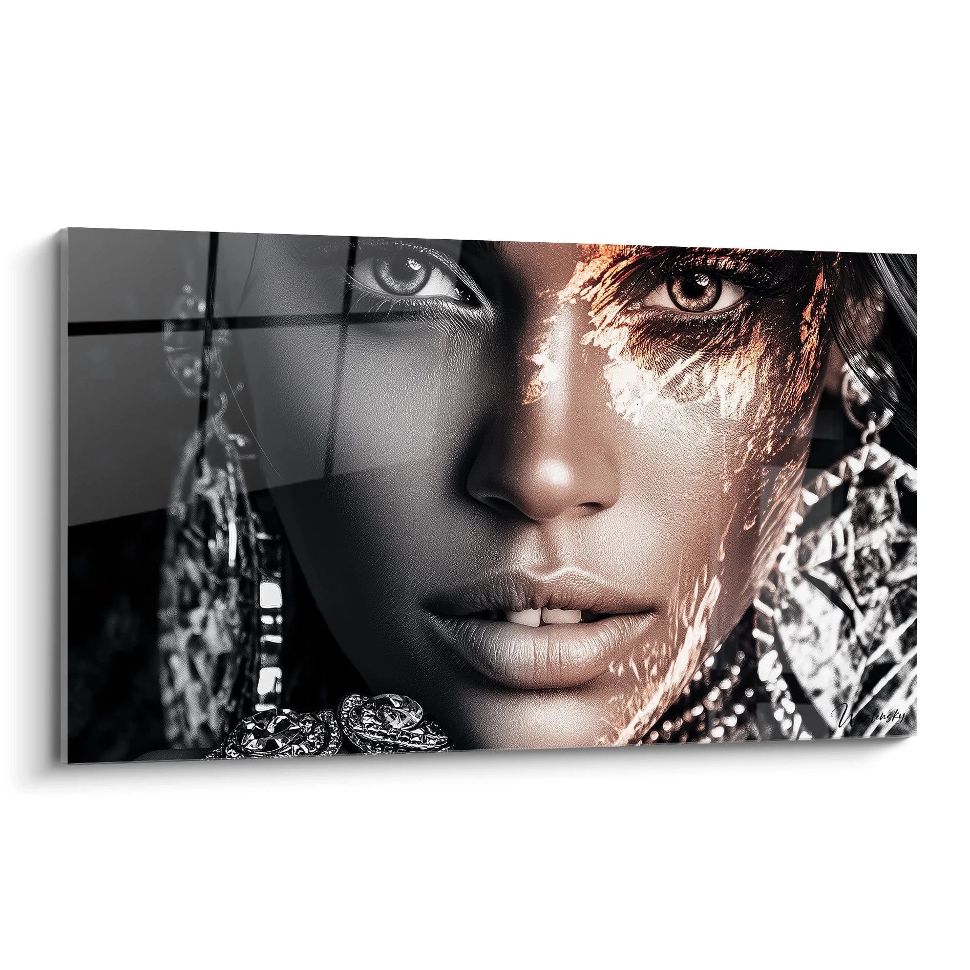 Tableau mural portrait designer élégance urbaine avec un visage artistique et des détails en noir et blanc