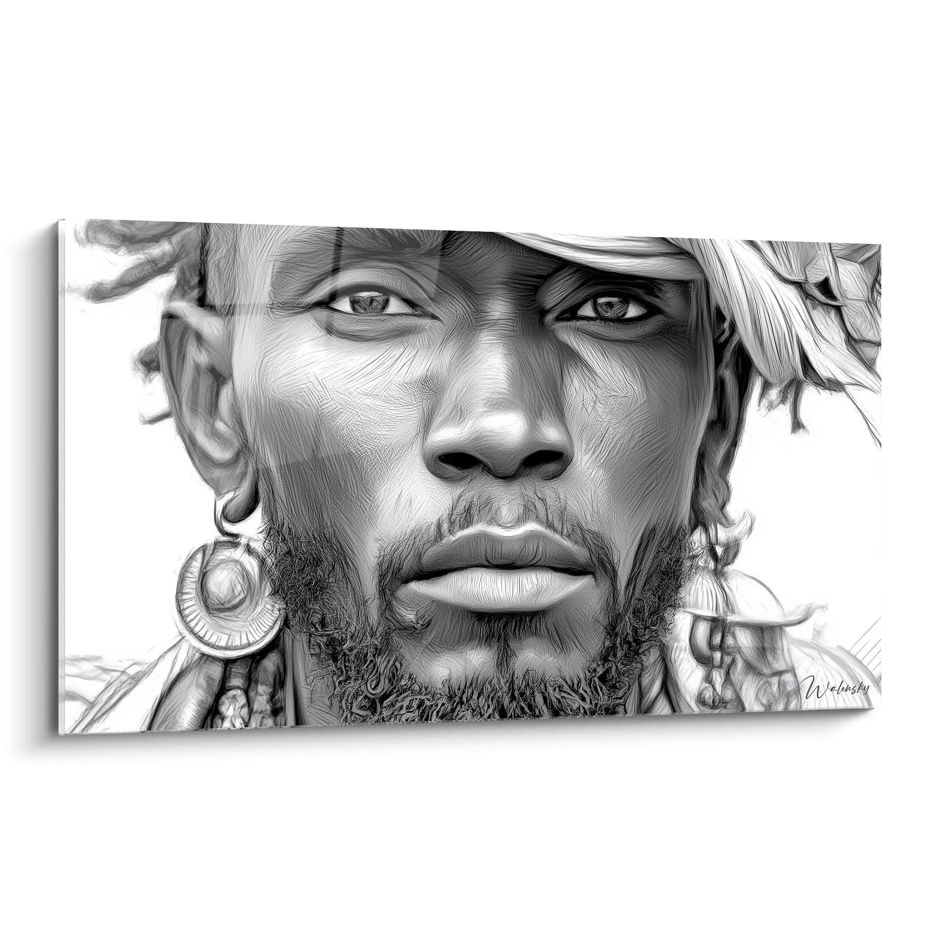 Tableau portrait africain décoration en noir et blanc d'un homme avec des boucles d'oreilles et un turban