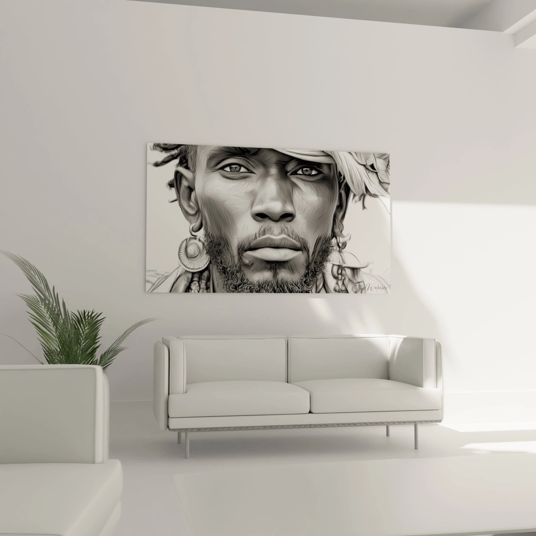 Tableau portrait africain décoration affiché au-dessus d'un canapé moderne dans un intérieur épuré