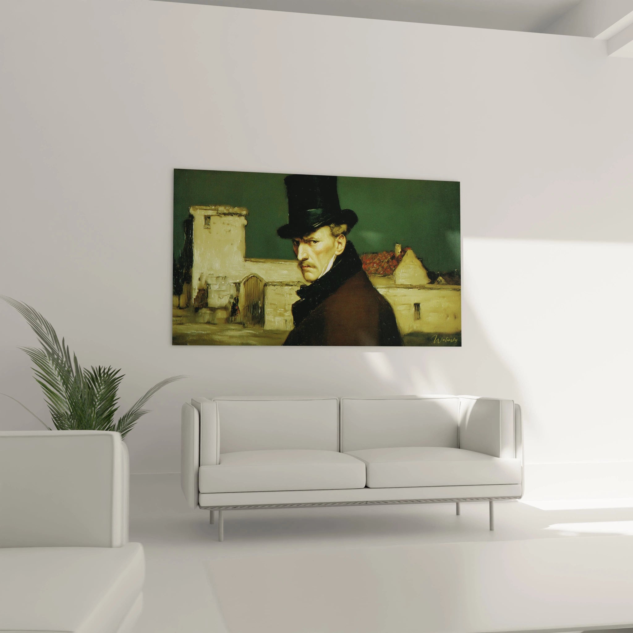 tableau portrait homme réalisme Walensky montrant un homme au chapeau haut de forme devant des bâtiments