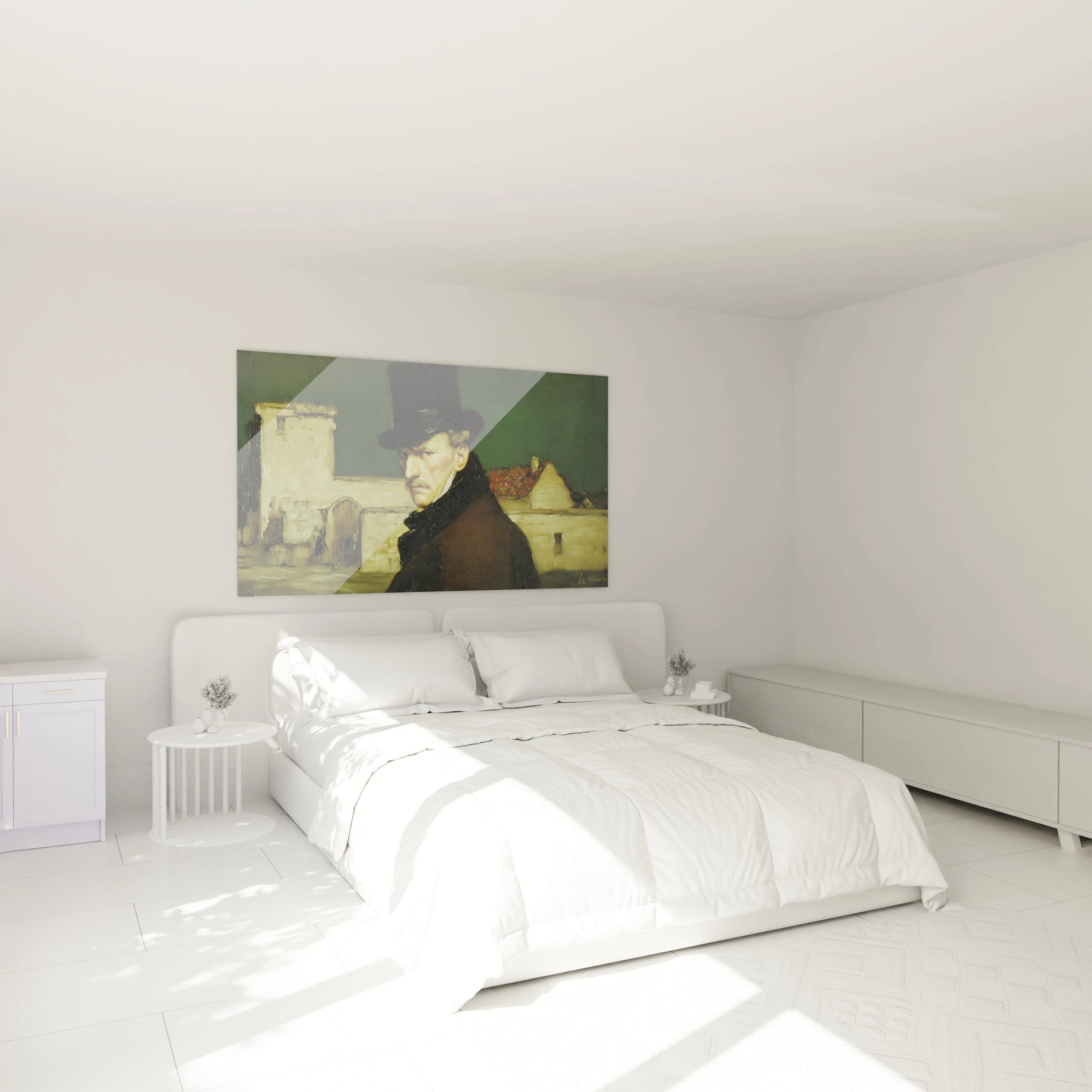 Tableau mural Walensky au dessus du lit dans une chambre minimaliste tableau portrait homme réalisme montrant un homme au chapeau