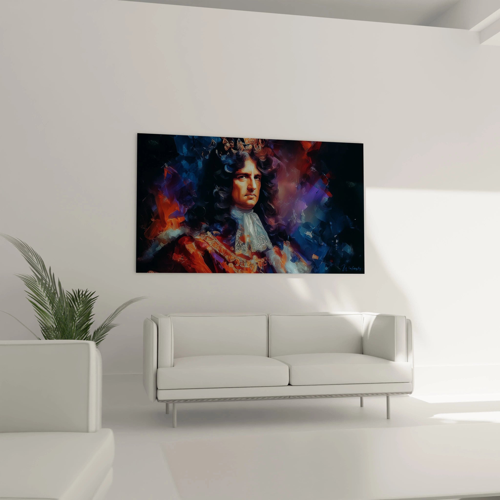 tableau portrait Louis XIV par Walensky accroche sur un canape blanc dans un salon moderne
