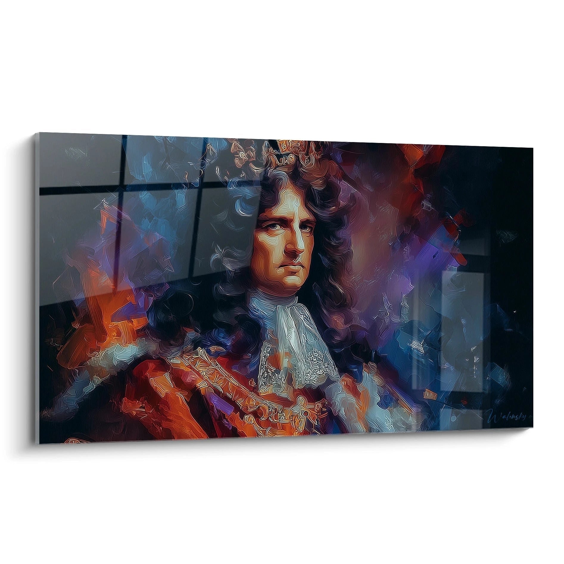 tableau portrait Louis XIV mural Walensky style moderne coloré représentant le roi en perruque et tenue royale baroque