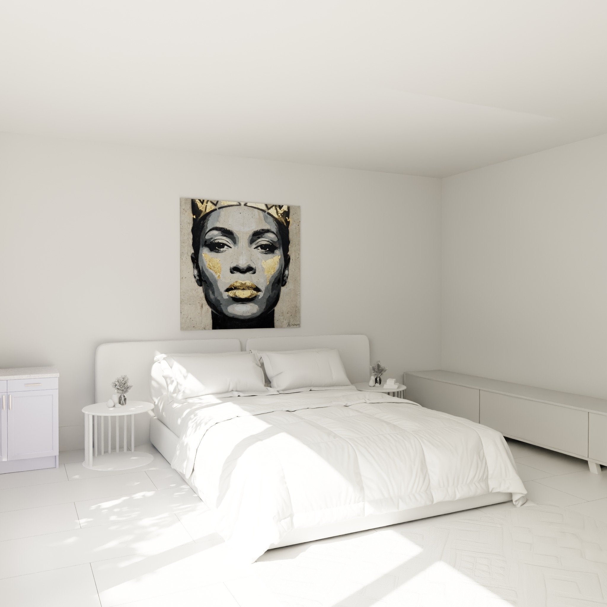 Tableau portrait street art dore dans chambre moderne, visage feminin gris or sur mur anthracite, deco urbaine