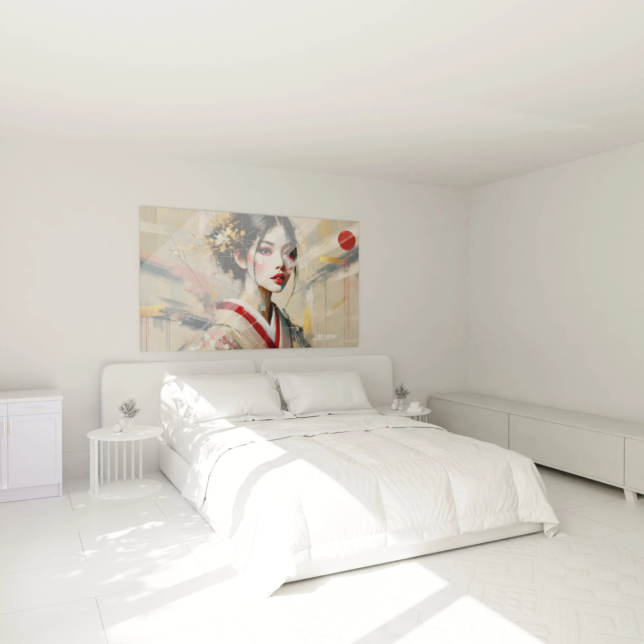 Dans une chambre zen, ce tableau japonais illumine l'espace au-dessus du lit. La geisha contemporaine apporte une touche de mystere et d’elegance, avec des details dorees soulignant sa sophistication.