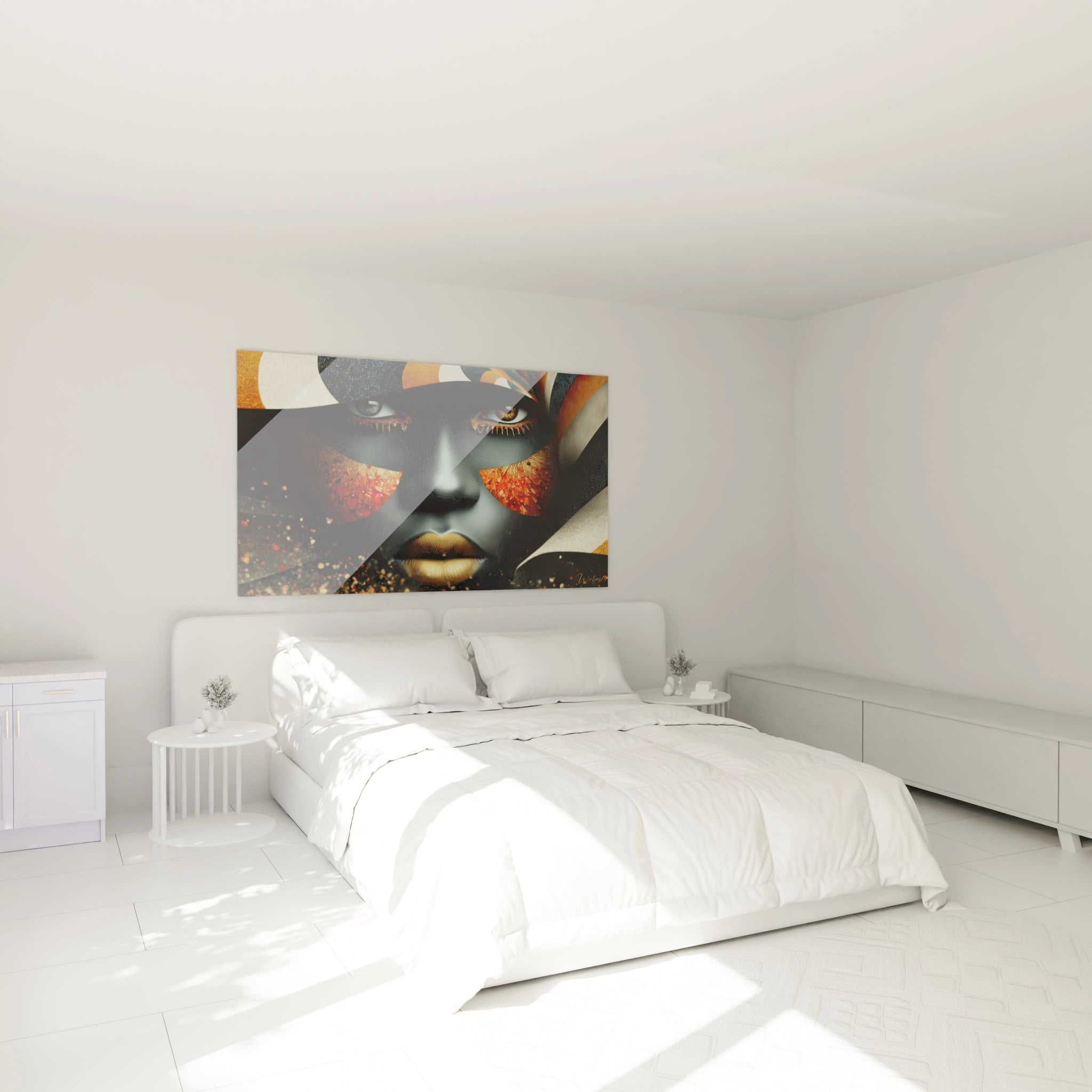 Tableau mural portrait visage africain sur un mur dans une chambre lumineuse et moderne