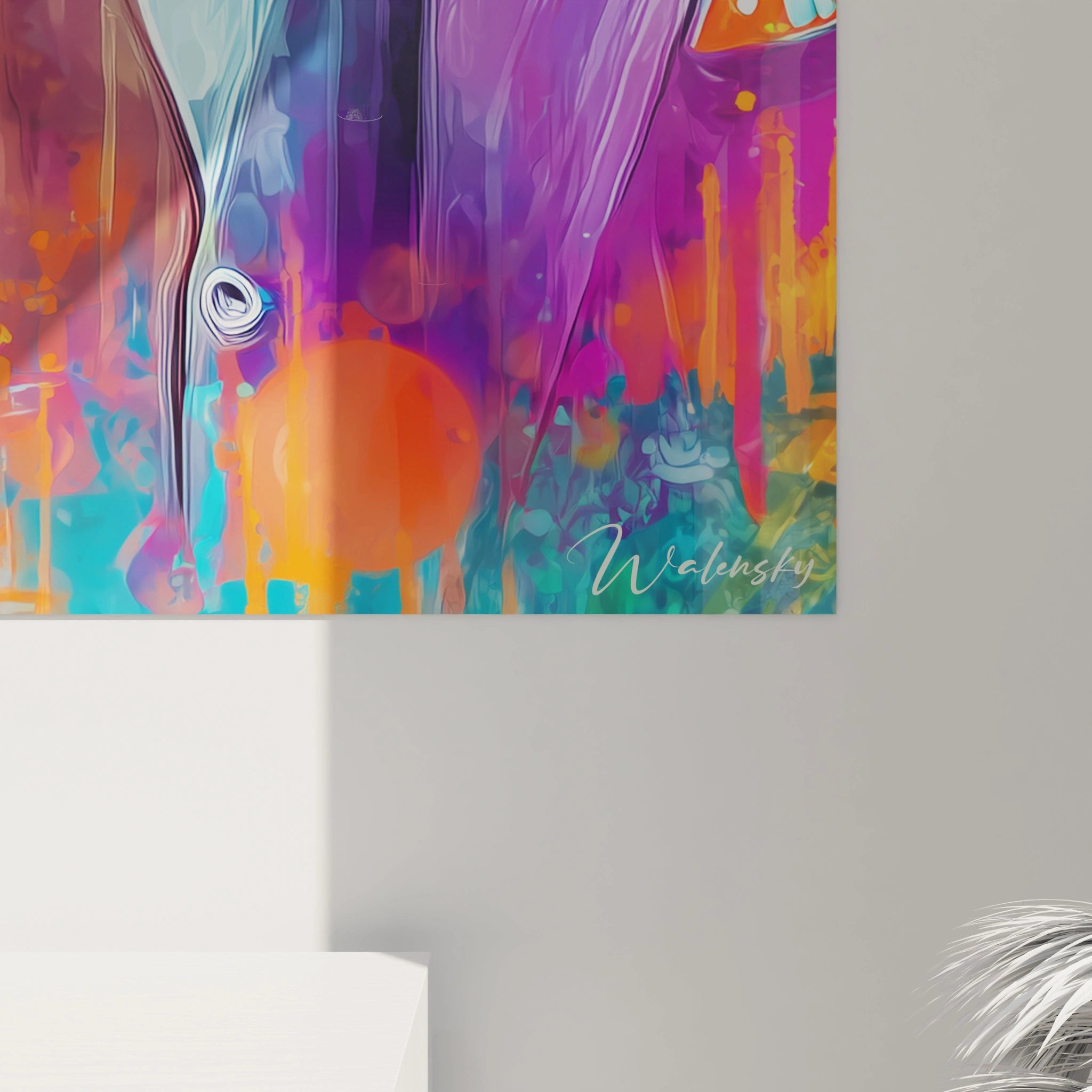 Tableau mural coloré signé Walensky représentant un tableau portrait Winston Churchill stylisé abstrait