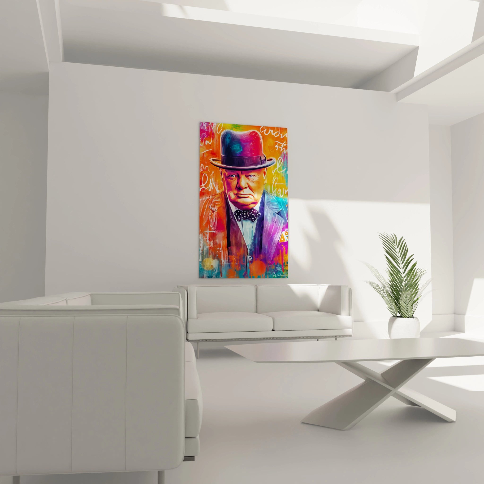 tableau portrait Winston Churchill colore Walensky accroche au mur salon minimaliste avec canape blanc