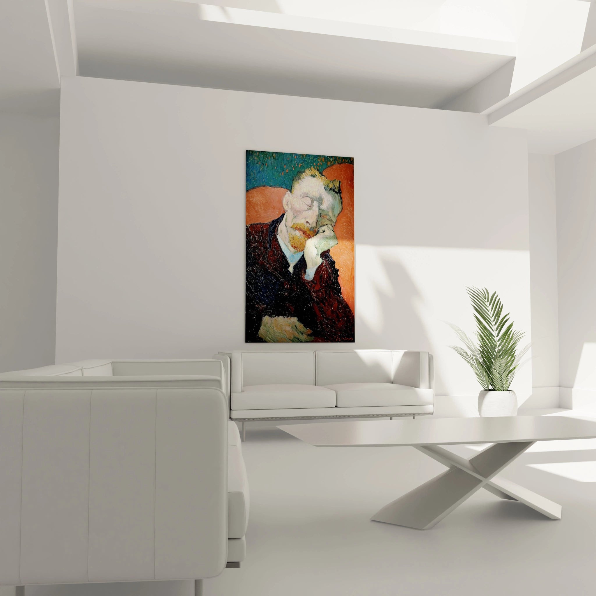 tableau post impressionnisme portrait coloré de collection Walensky accroché au dessus du canapé blanc dans un salon minimaliste