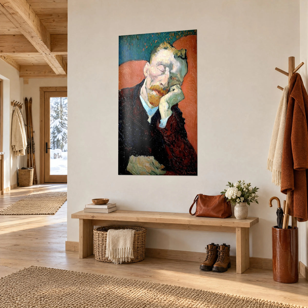 Tableau dormeur à la barbe rousse, veste bordeaux et fauteuil orangé aux coups de pinceau épais, dans une entrée de chalet