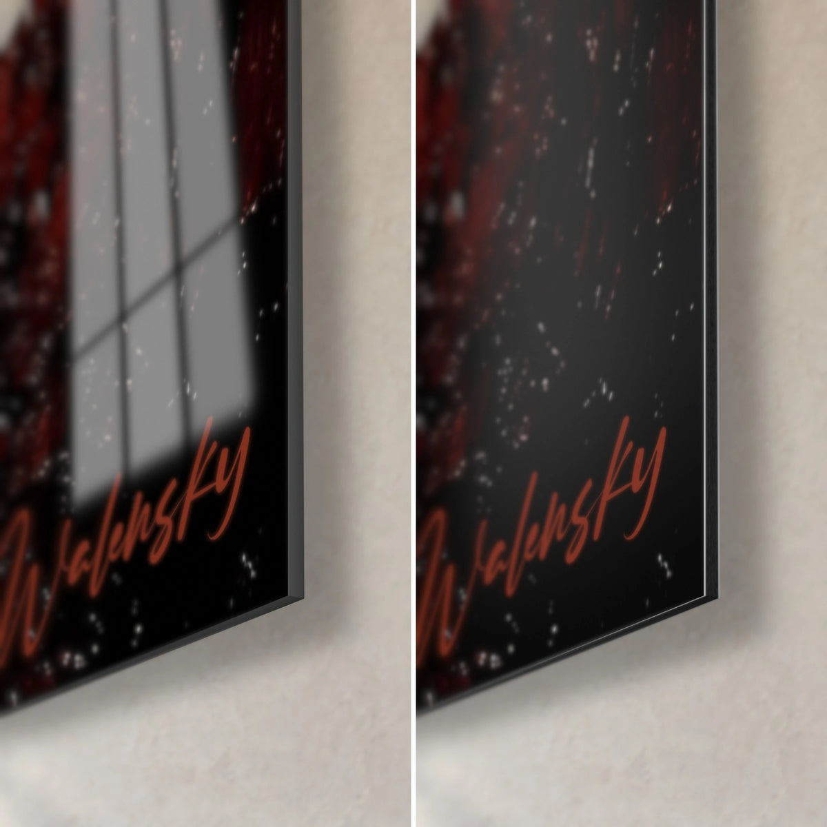 Tableau homme endormi, signature Walensky rouge en bas à droite, verre acrylique brillant à gauche, alu Dibond noir mat à droite