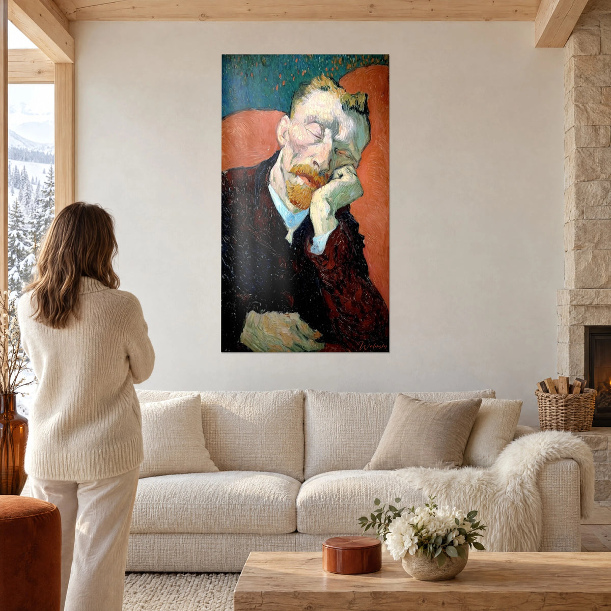 Gemälde Porträt eines schlafenden Mannes, Wange auf der Faust, orangefarbener Bart und türkisfarbener Hintergrund, über einem Sofa in einem hellen Wohnzimmer