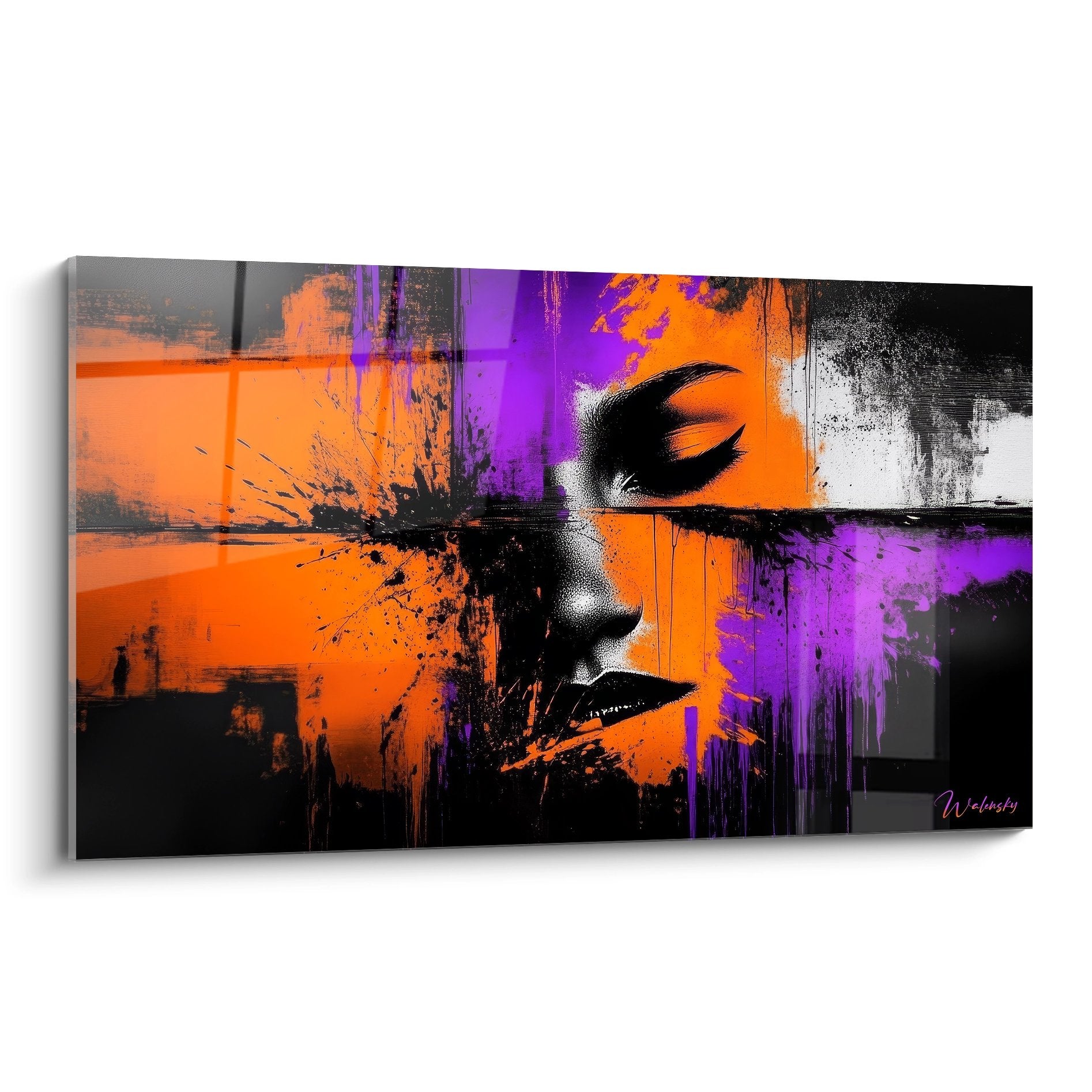 Tableau portrait féminin abstrait orange violet noir moderne art contemporain décoration murale