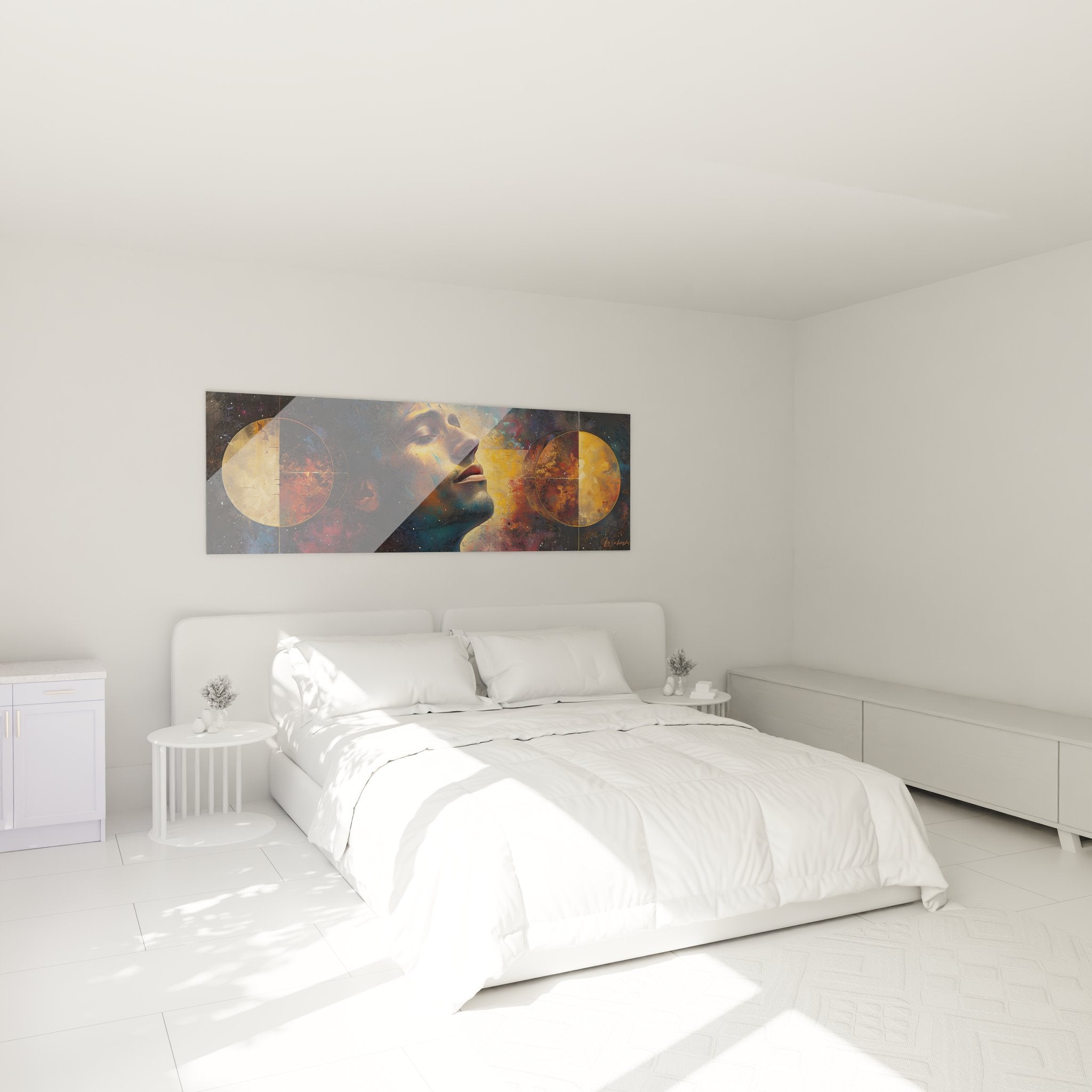 Tableau visage féminin cosmique décorant une chambre moderne avec ambiance élégante et sophistiquée