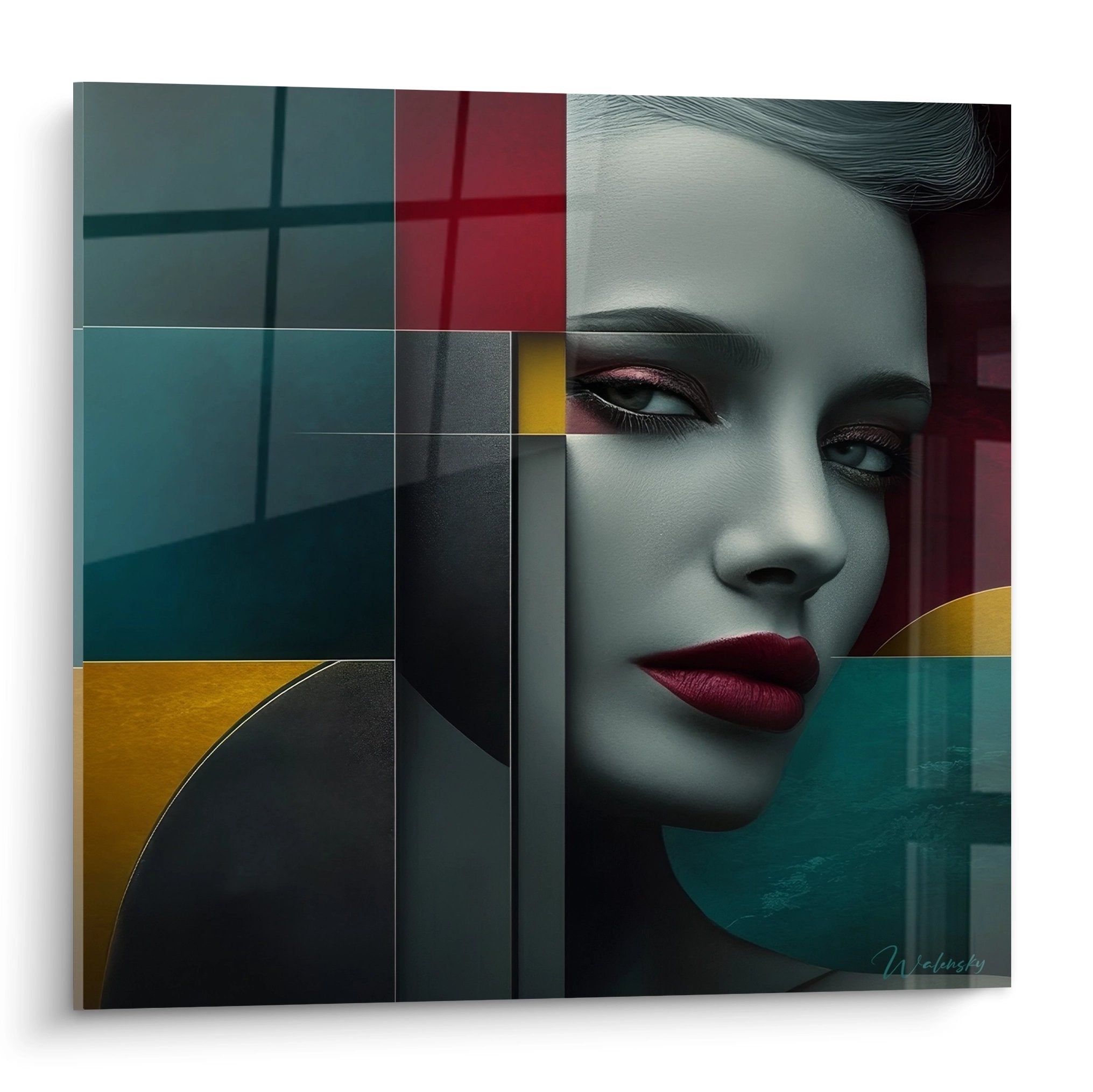 Tableau portrait féminin géométrique abstrait avec formes colorées rouge jaune vert sur fond moderne