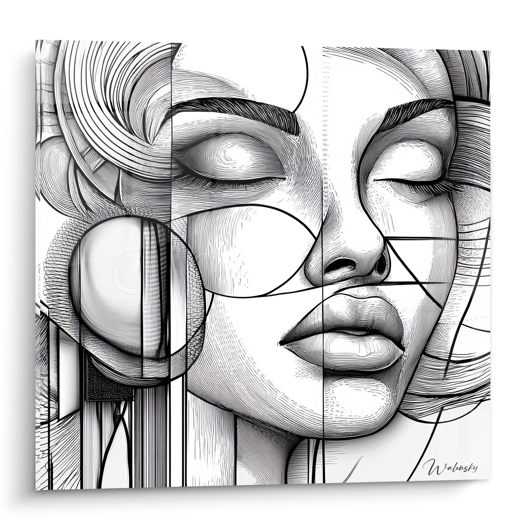 Tableau dessin portrait féminin géométrique noir et blanc art mural moderne décoration contemporaine