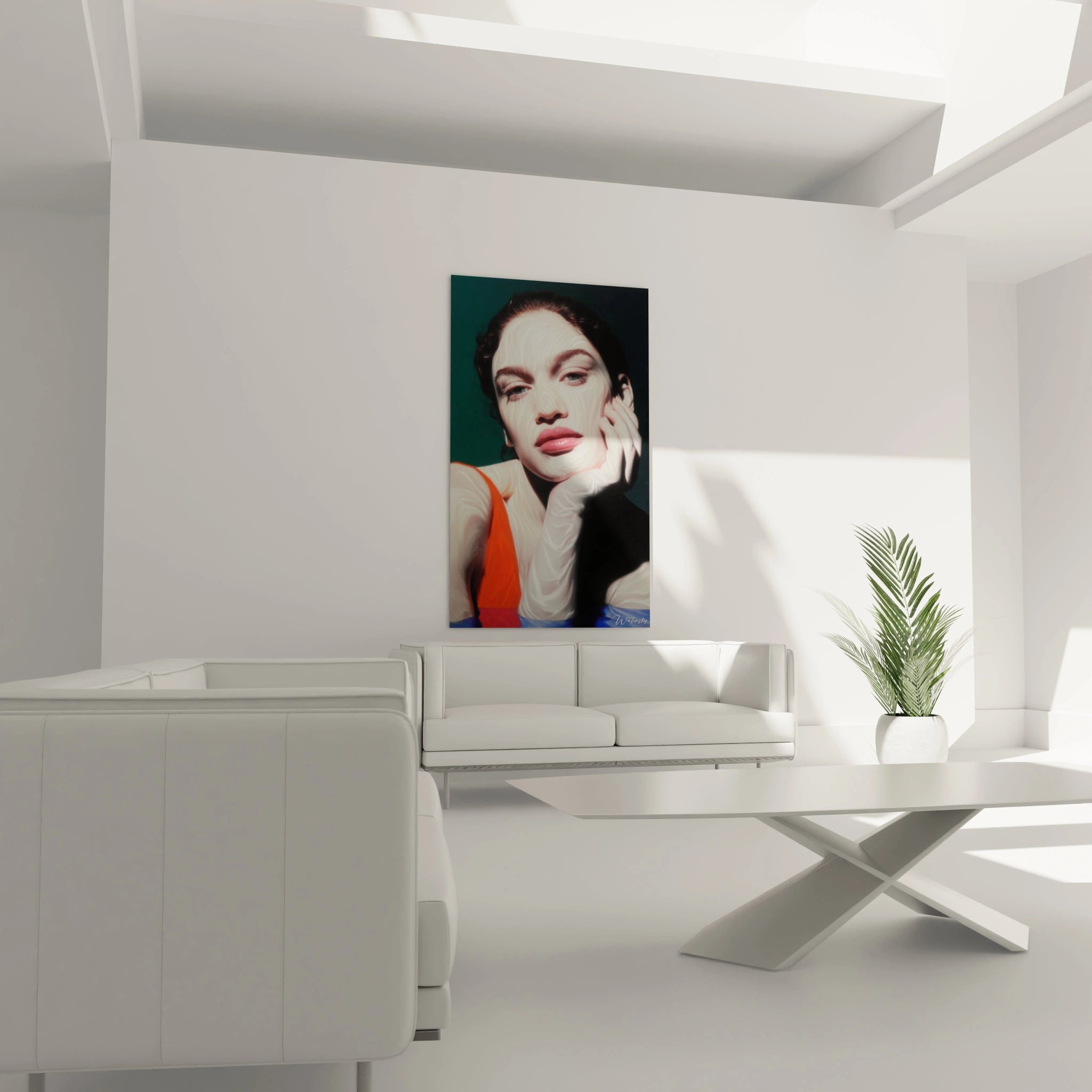 Tableau mural Walensky exposé dans salon minimaliste avec tableau portrait femme hyperréaliste grand format