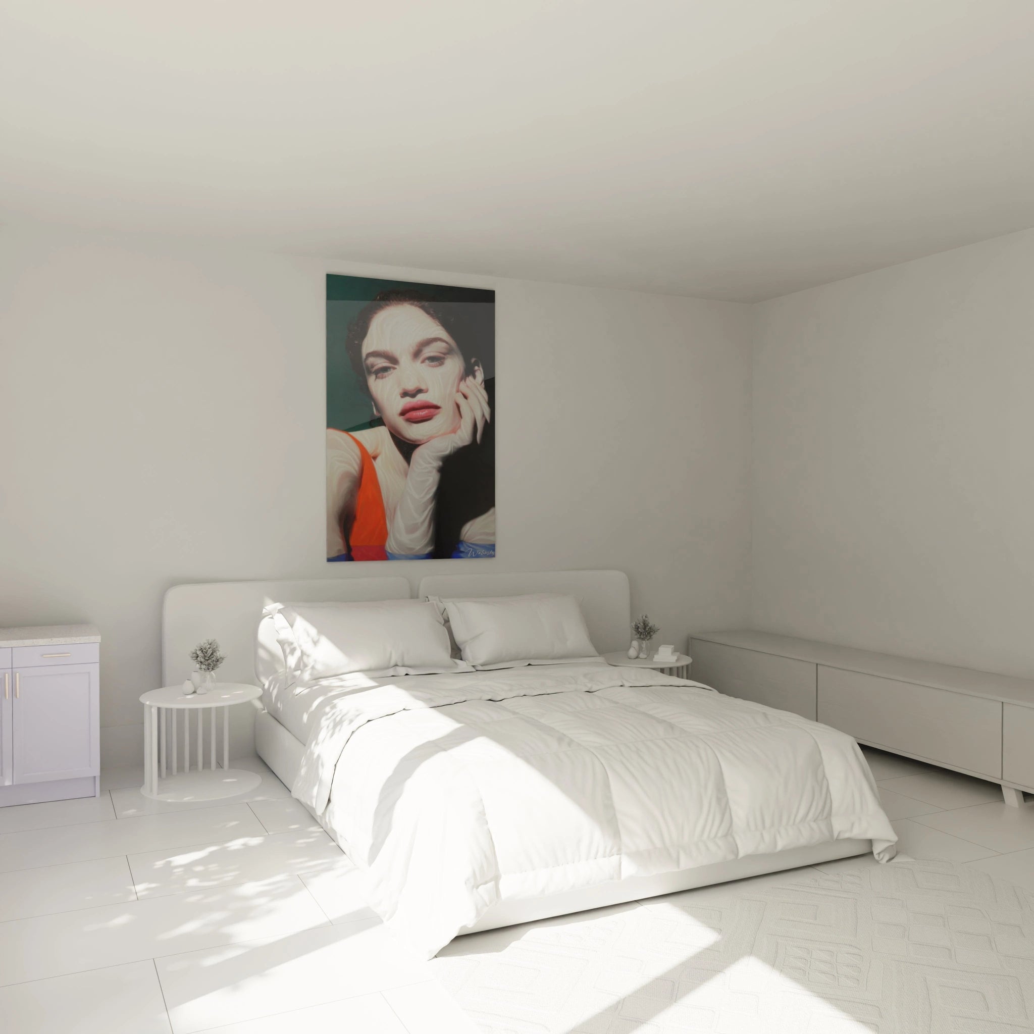 Tableau mural Walensky accroché au dessus du lit moderne dans une chambre minimaliste tableau portrait femme hyperréaliste