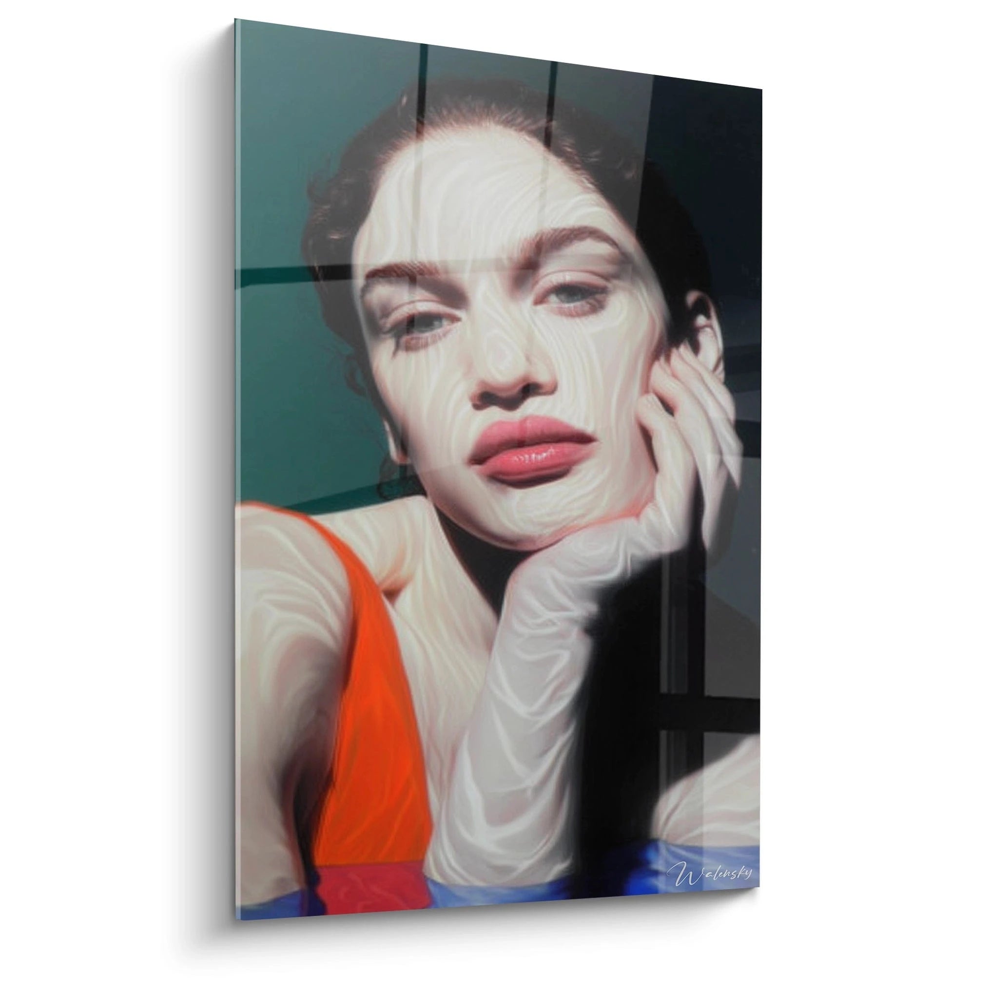 tableau portrait femme hyperréaliste Walensky montrant une femme au gant blanc et robe orange