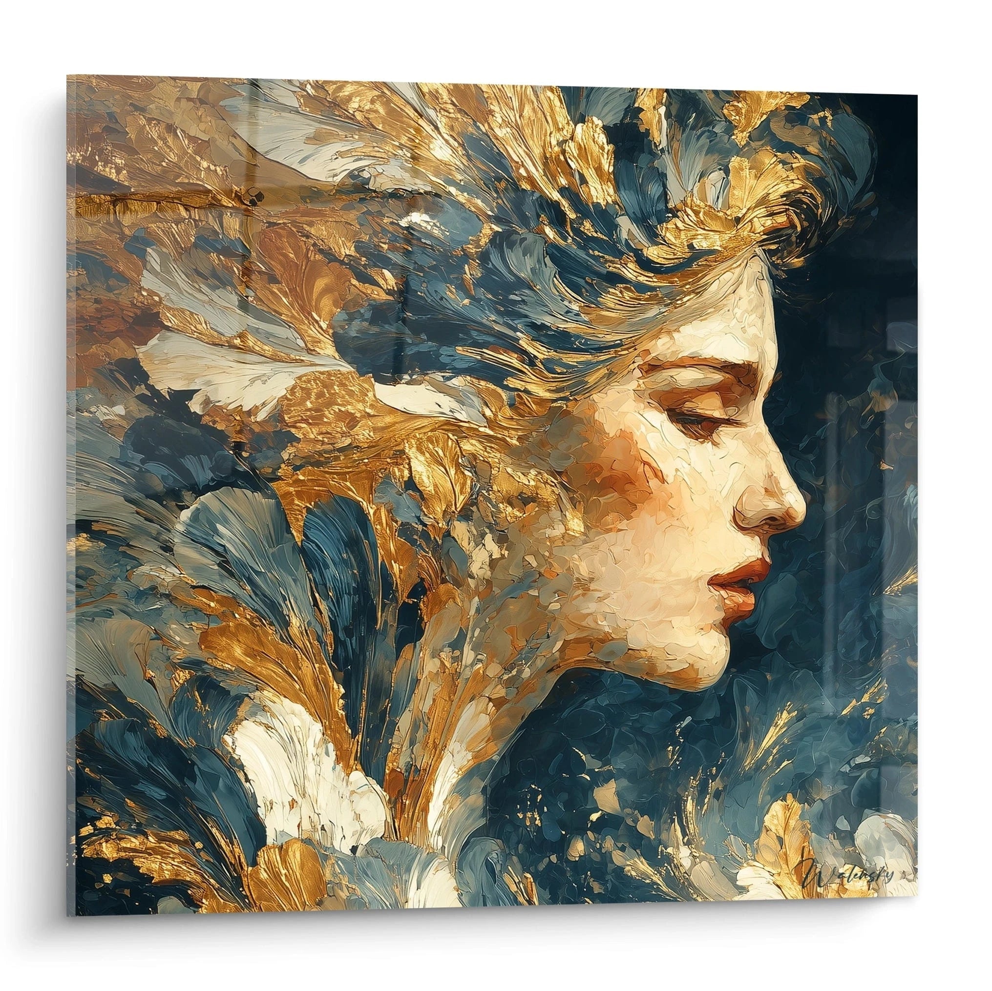 Walensky tableau mural tableau portrait féminin doré montrant profil de femme peint en larges coups de pinceau dorés et bleus